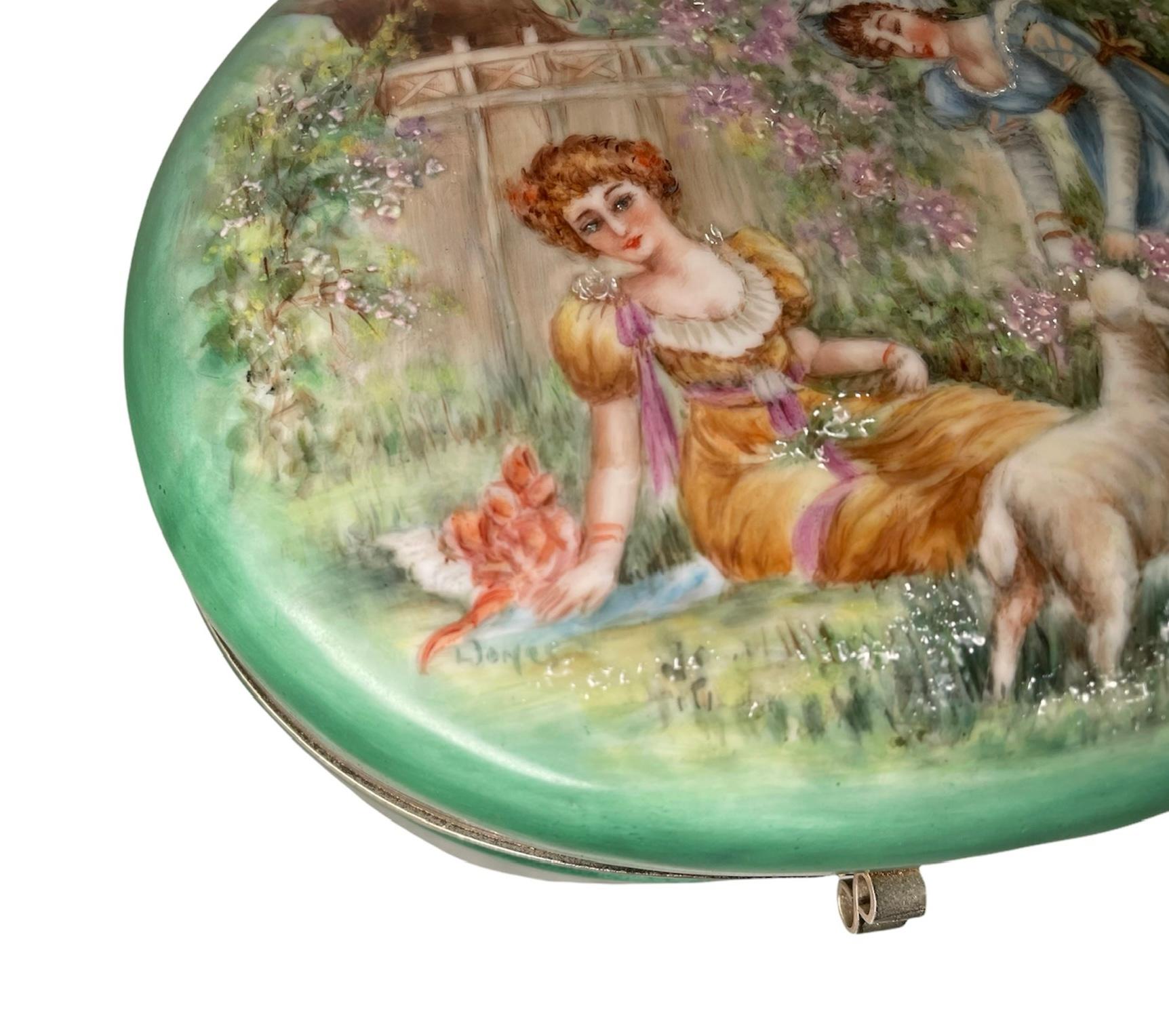 Victorian Large Oval Hand Painted Porcelain Vanity/Jewelry Box For Sale