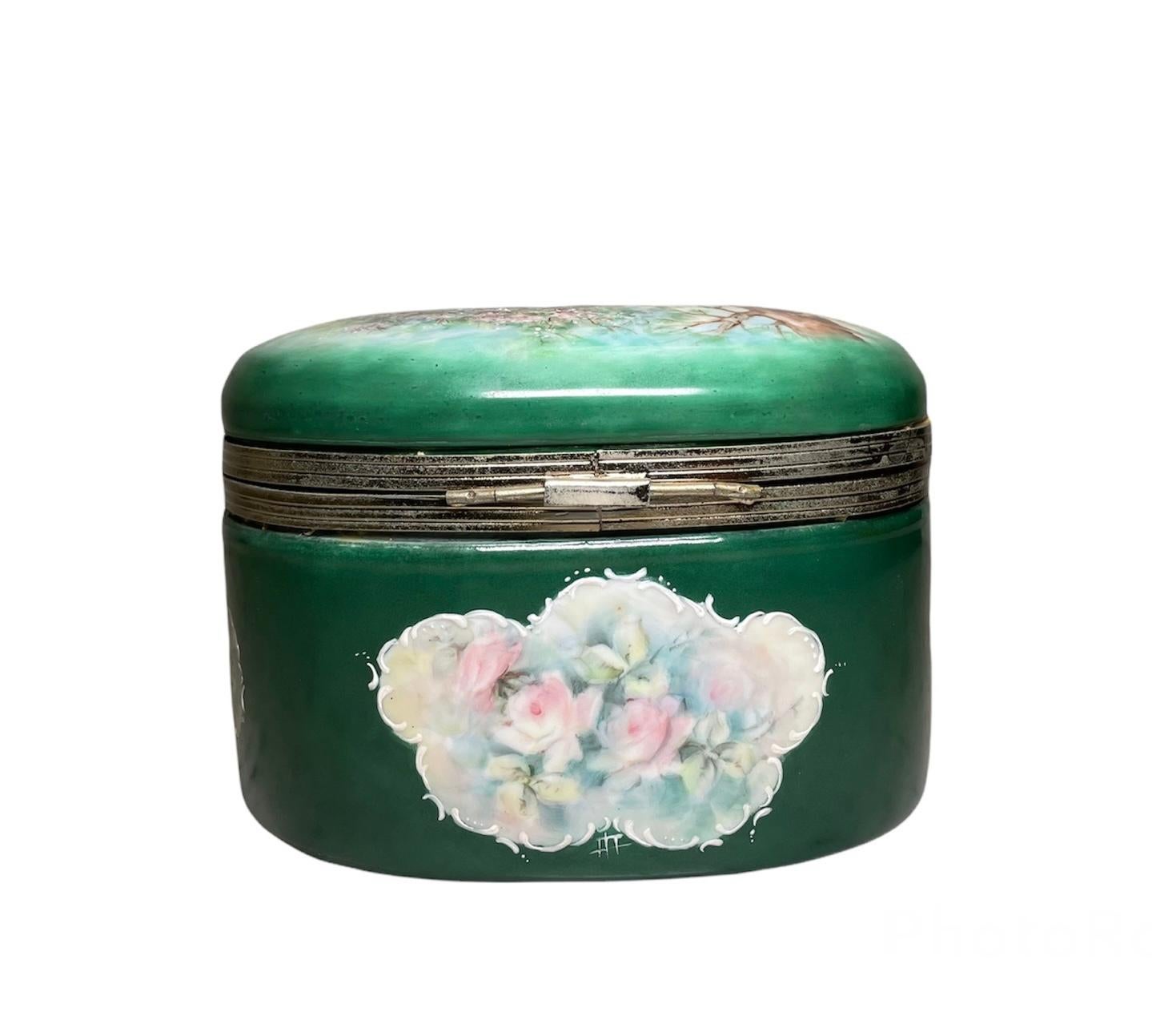 Hand-Painted Large Oval Hand Painted Porcelain Vanity/Jewelry Box For Sale