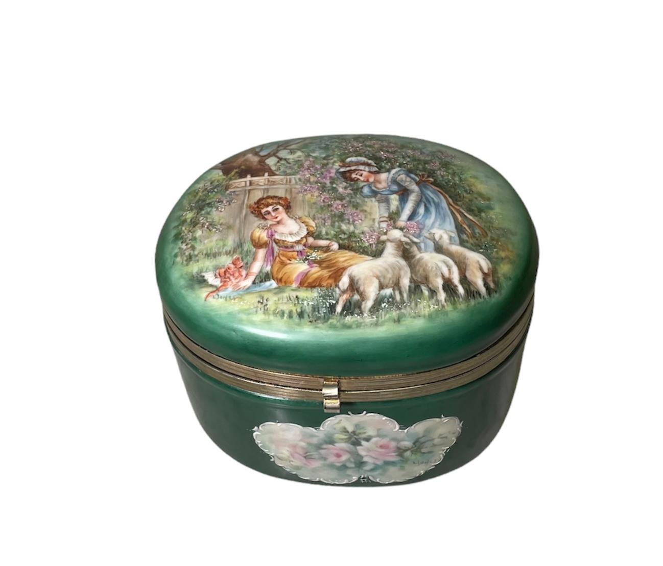 19th Century Large Oval Hand Painted Porcelain Vanity/Jewelry Box For Sale