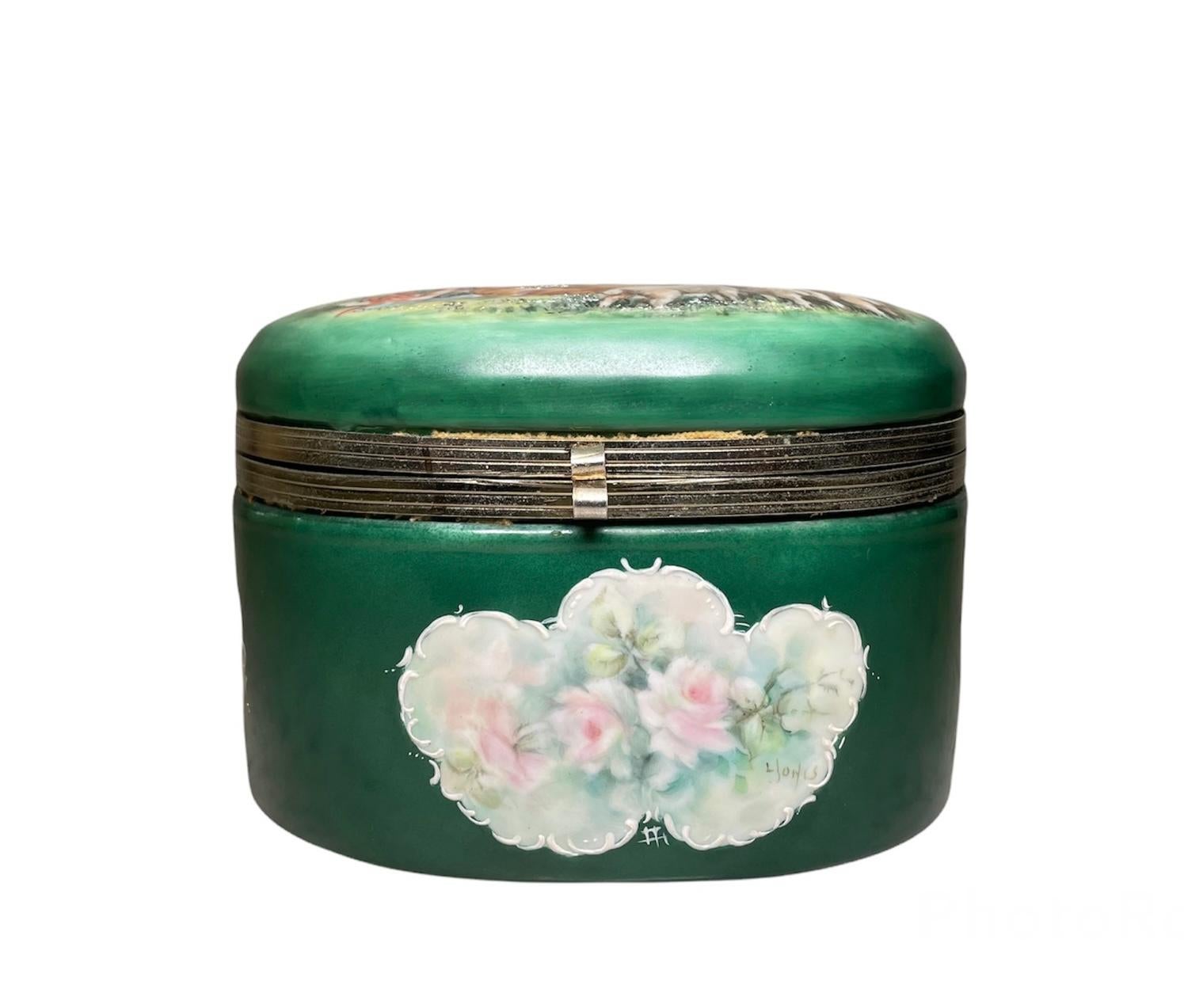 Large Oval Hand Painted Porcelain Vanity/Jewelry Box For Sale 1