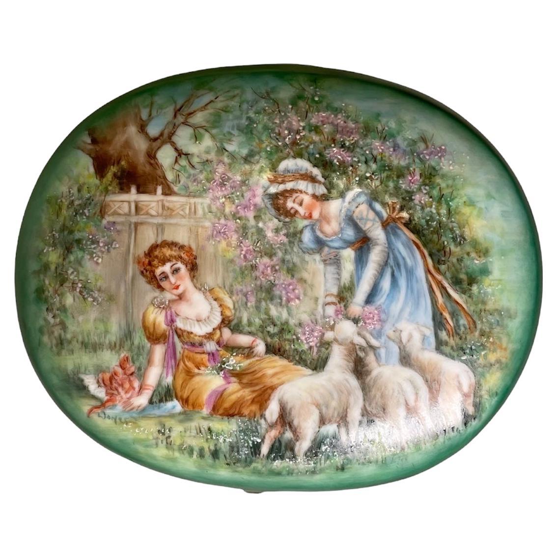 Large Oval Hand Painted Porcelain Vanity/Jewelry Box For Sale