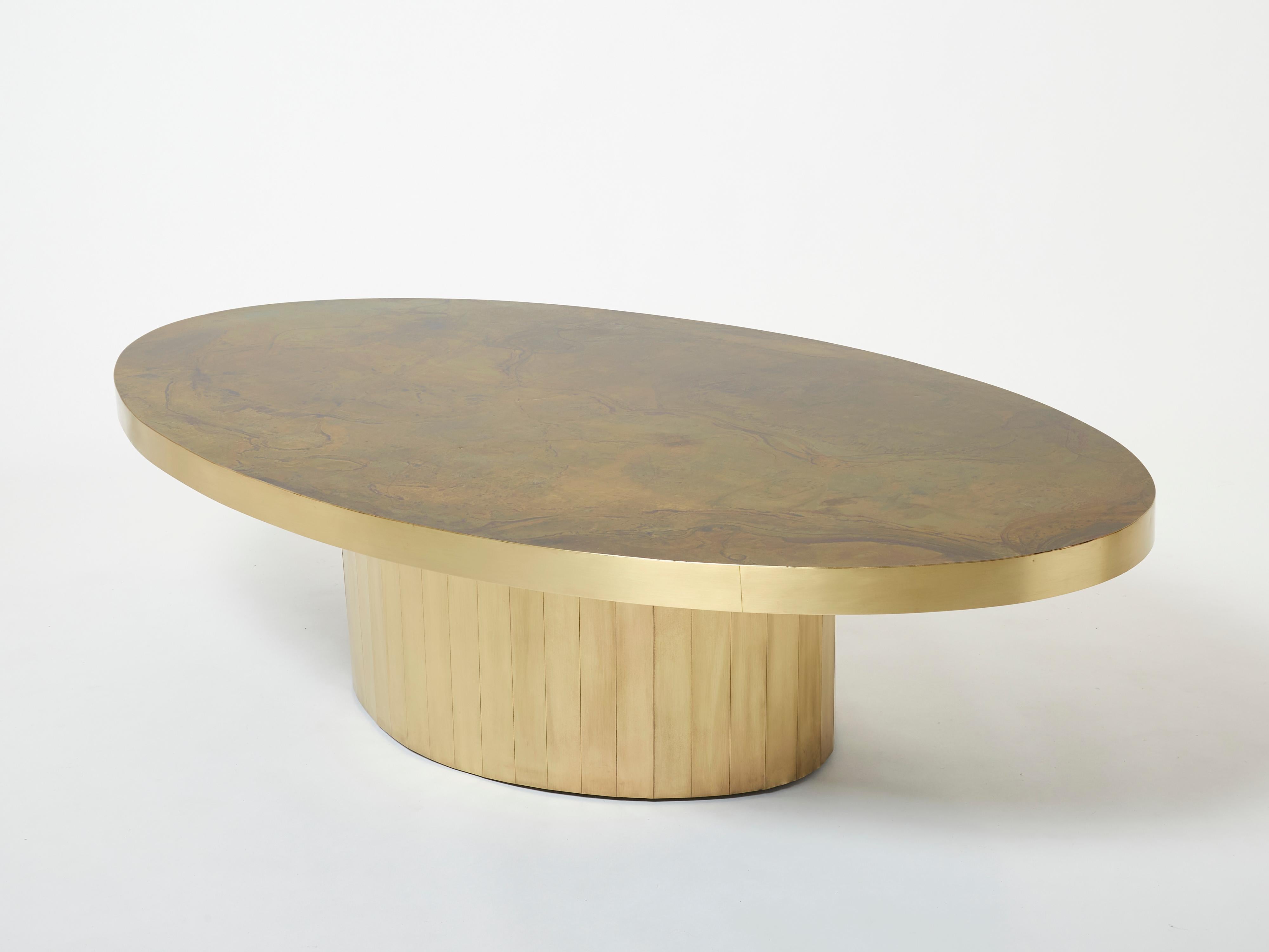 Large Oval Isabelle and Richard Faure Oxidized Brass Coffee Table, 1970s In Good Condition For Sale In Paris, IDF