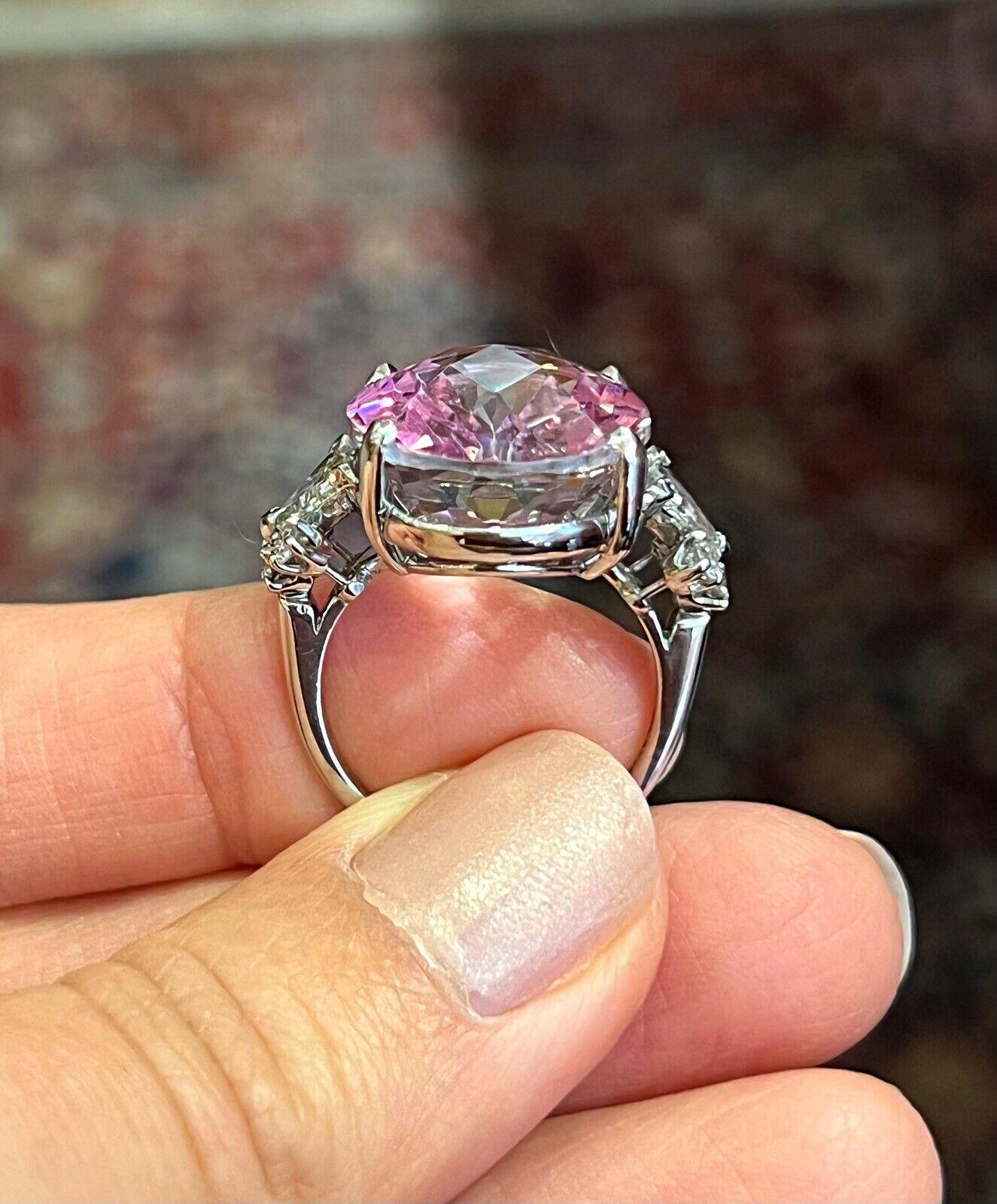 Women's Large Oval Kunzite and Diamond Cocktail Ring in Platinum For Sale