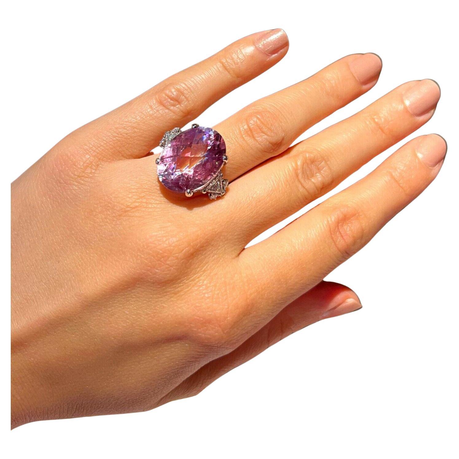 Large Oval Kunzite and Diamond Cocktail Ring in Platinum For Sale