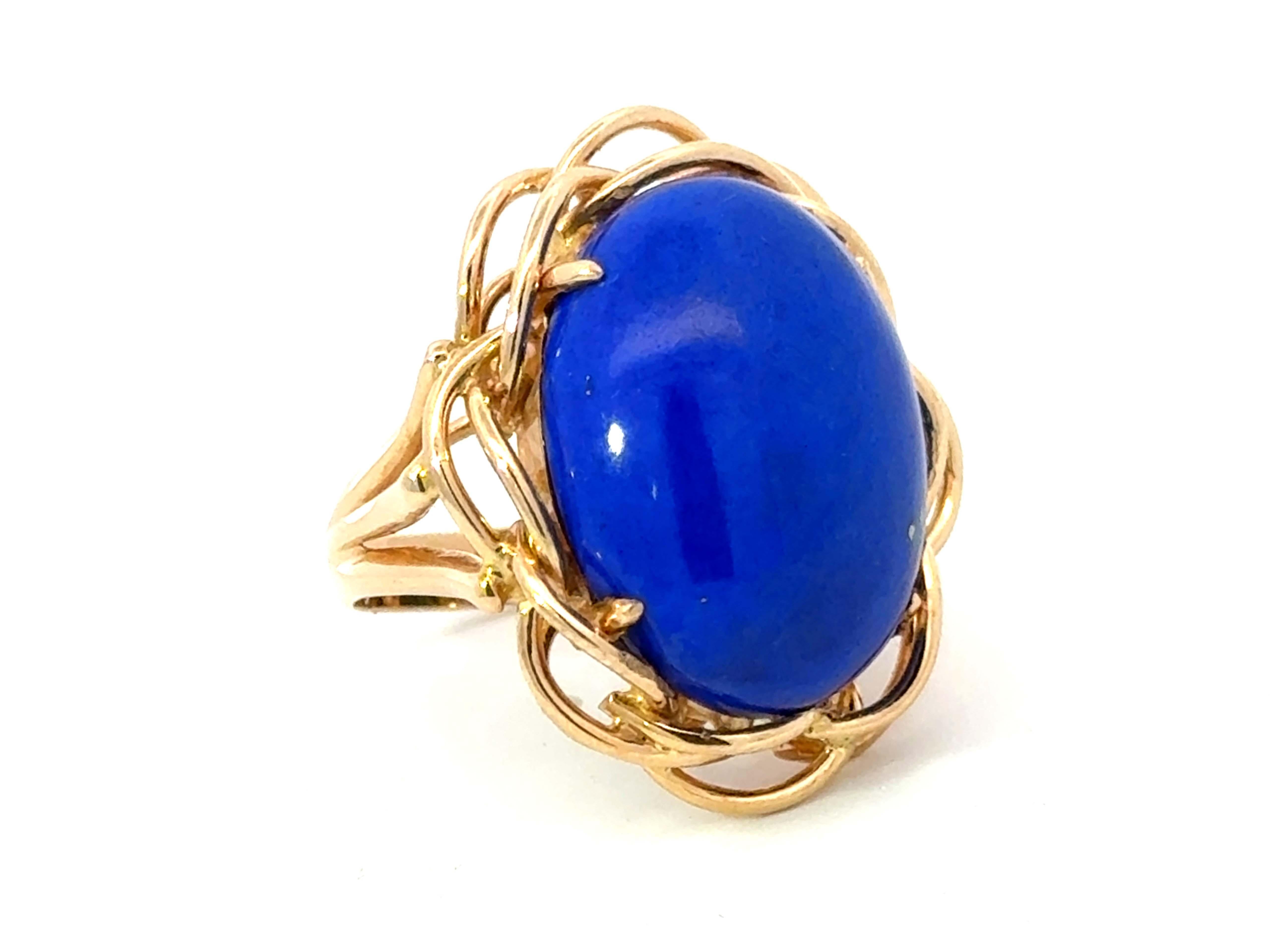 Modern Large Oval Lapis Lazuli Cocktail Ring 14k Yellow Gold For Sale