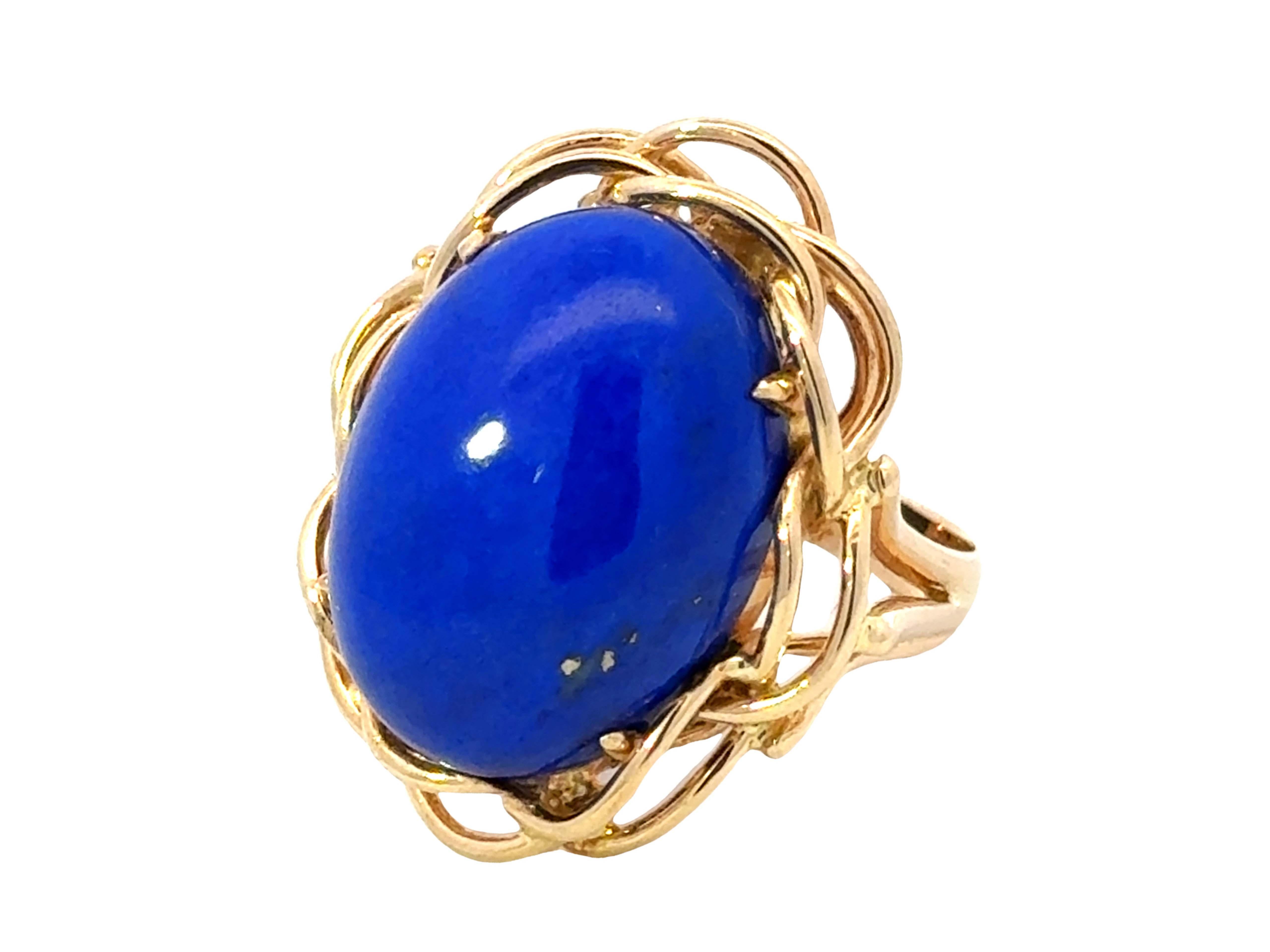 Oval Cut Large Oval Lapis Lazuli Cocktail Ring 14k Yellow Gold For Sale