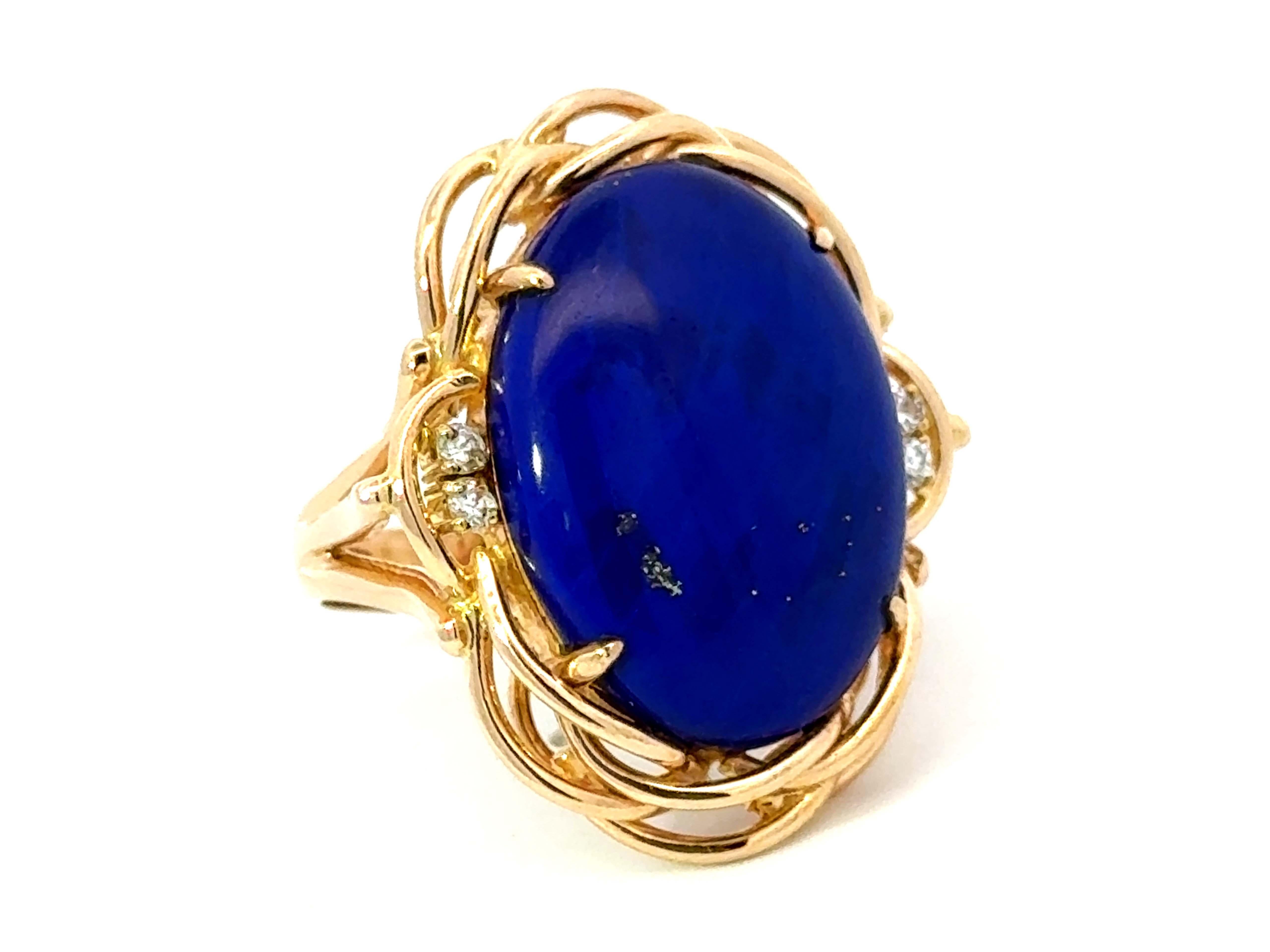 Modern Large Oval Lapis Lazuli Diamond Cocktail Ring 14k Yellow Gold For Sale