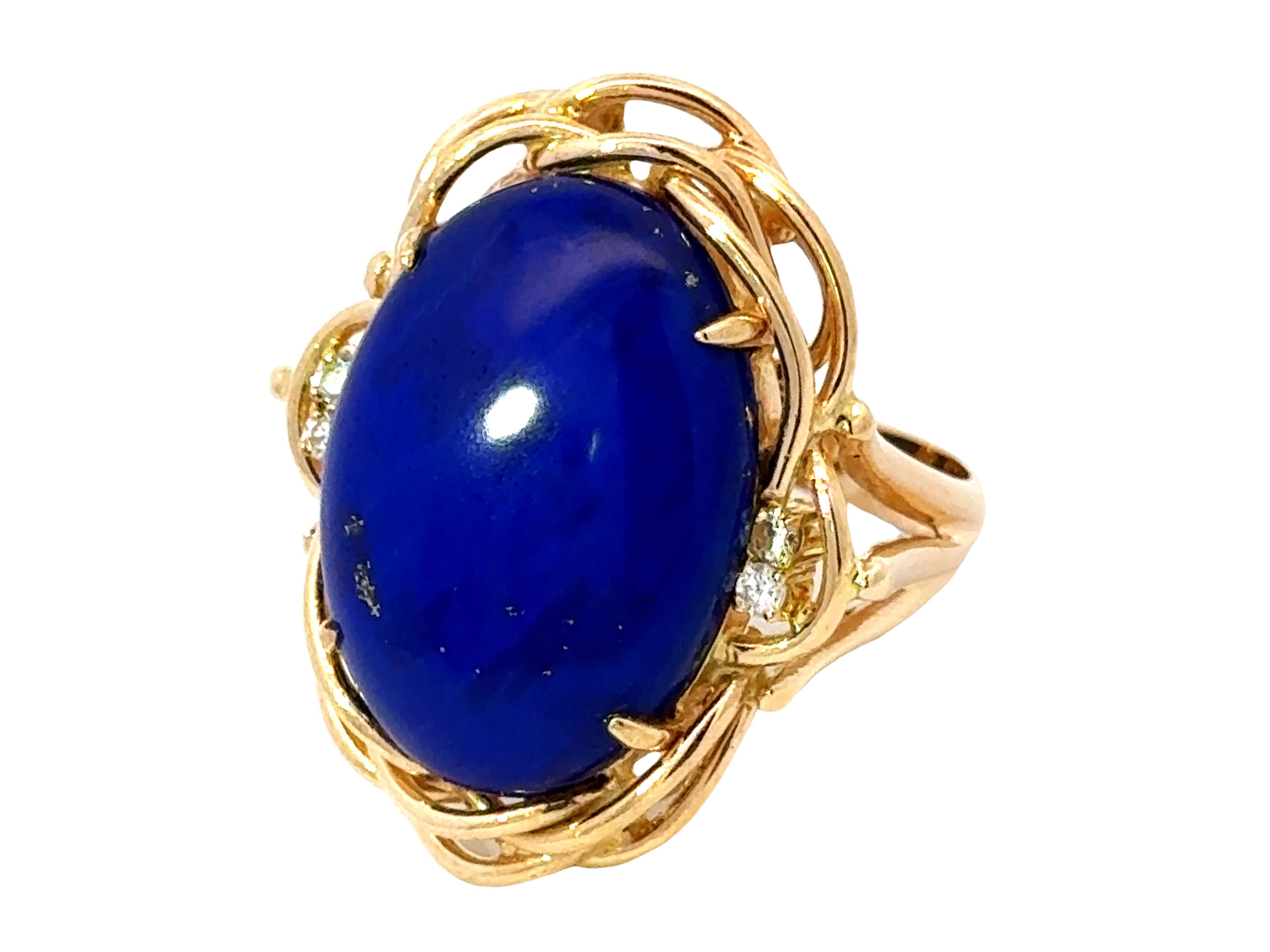 Oval Cut Large Oval Lapis Lazuli Diamond Cocktail Ring 14k Yellow Gold For Sale