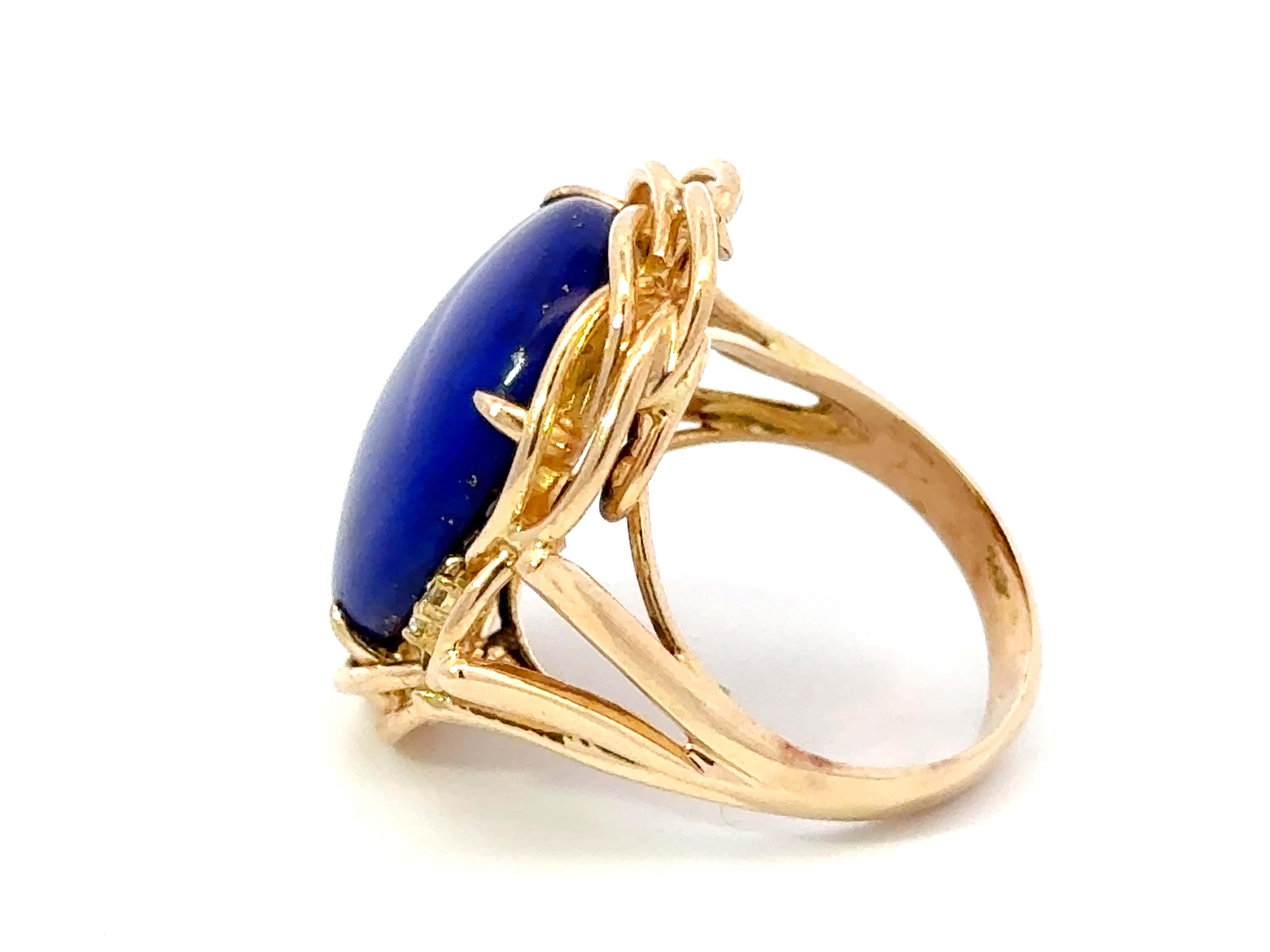 Women's Large Oval Lapis Lazuli Diamond Cocktail Ring 14k Yellow Gold For Sale