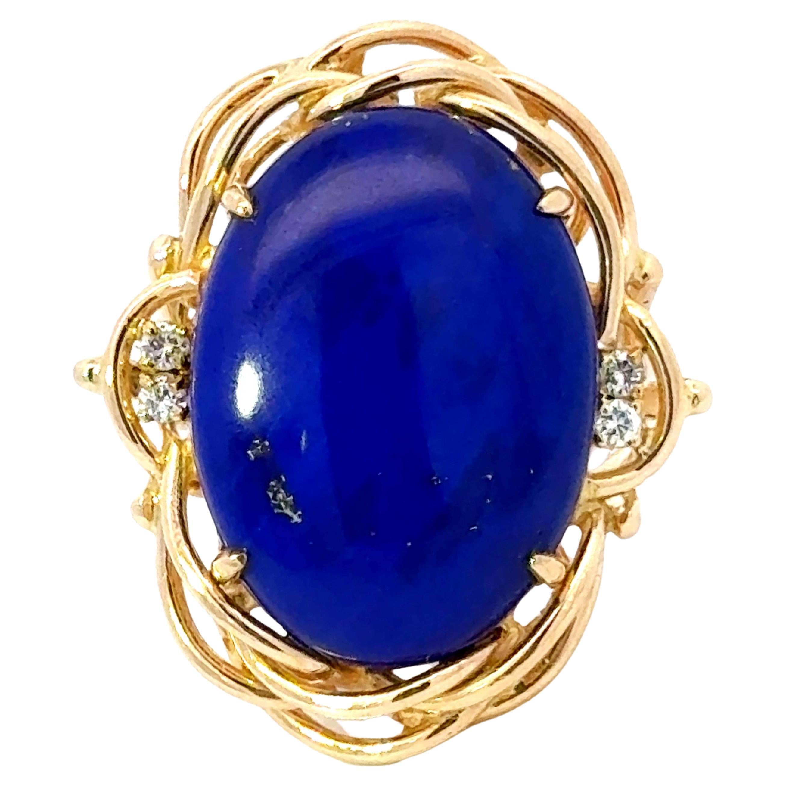 Large Oval Lapis Lazuli Diamond Cocktail Ring 14k Yellow Gold For Sale