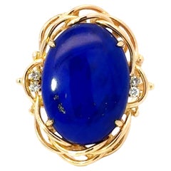 Vintage Large Oval Lapis Lazuli Diamond Cocktail Ring 14k Yellow Gold