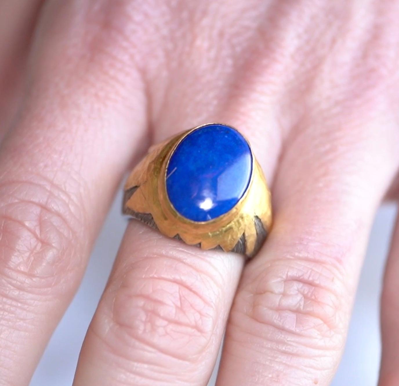 Artisan Large Oval Lapis Lazuli w/ 24K Gold & Silver Textured Cocktail Ring For Sale