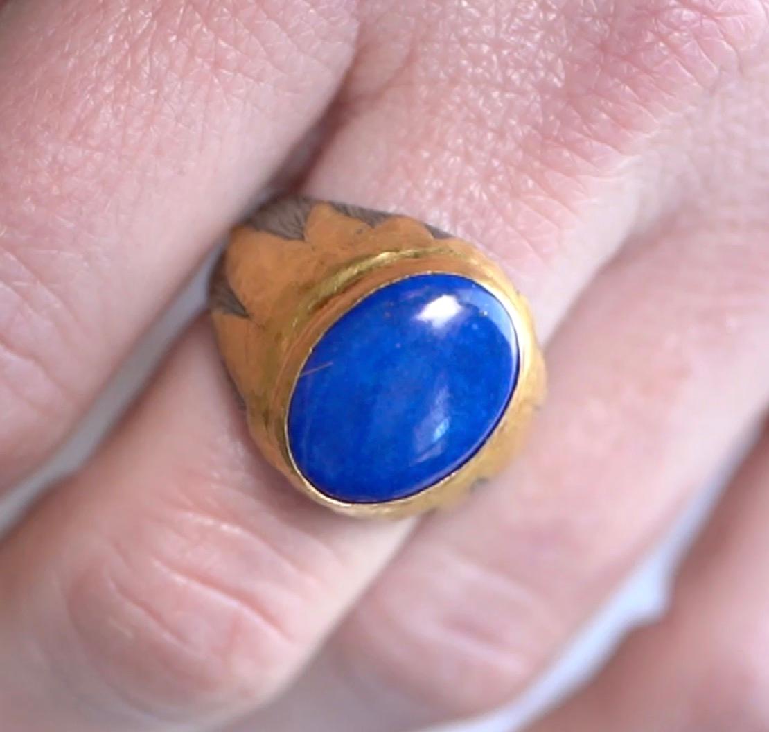 Oval Cut Large Oval Lapis Lazuli w/ 24K Gold & Silver Textured Cocktail Ring For Sale