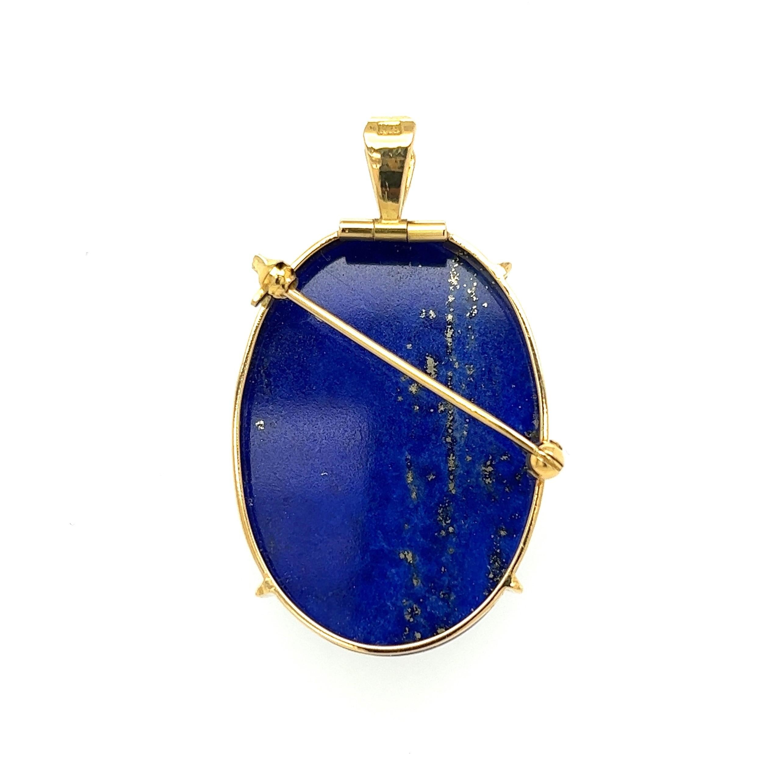 Large Oval Lapis Lazuli w/Pyrite Gold Pendant Brooch In Excellent Condition For Sale In Montreal, QC