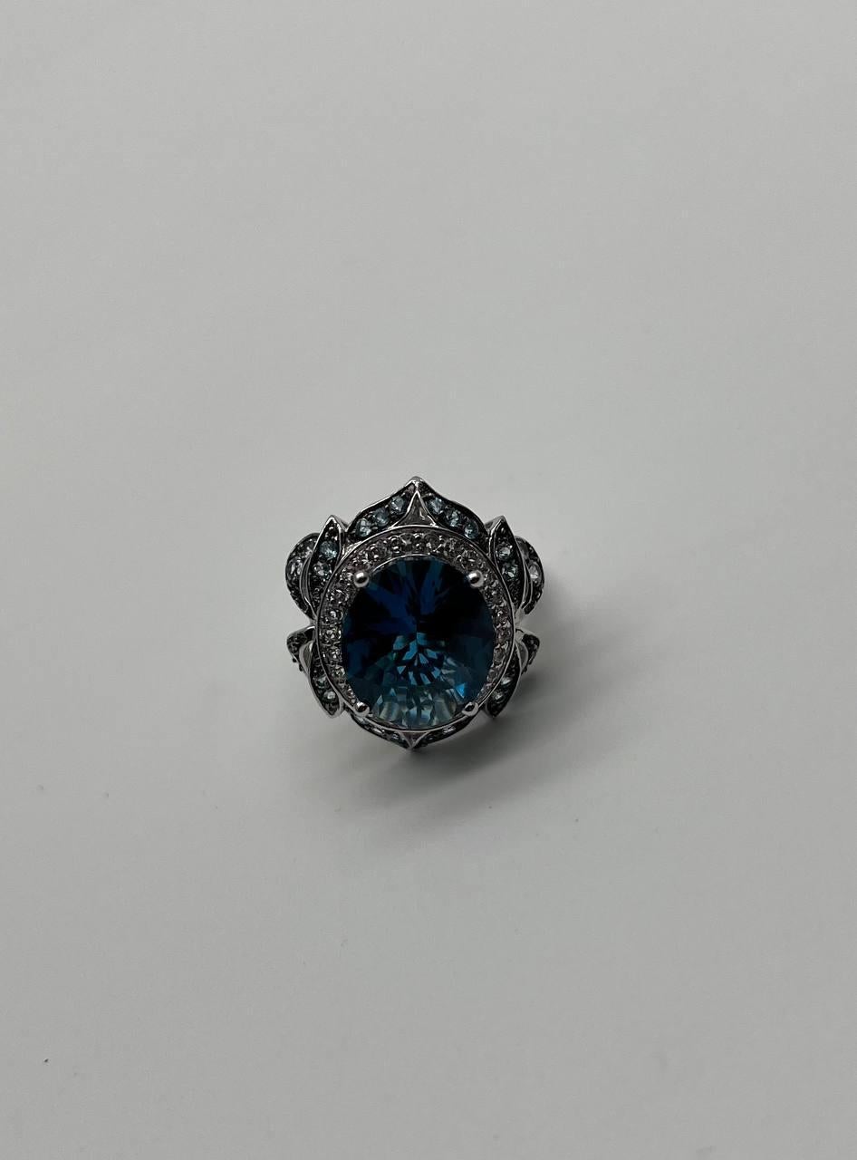 Large Oval London Blue Topaz Diamond Pave Halo 14K White Gold Ring For Sale 5