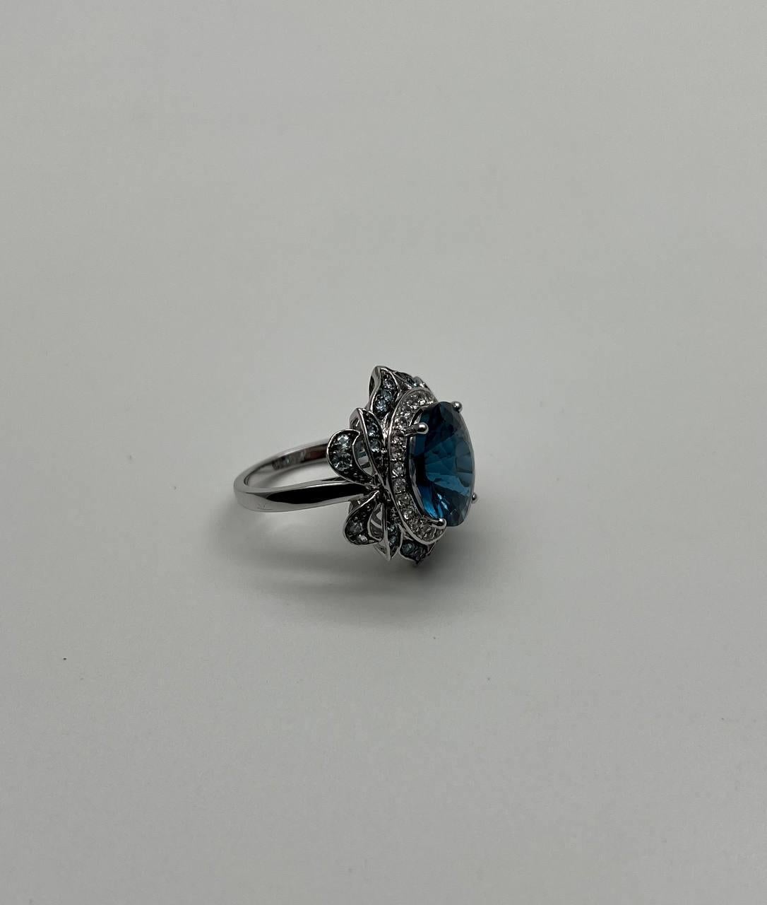 Large Oval London Blue Topaz Diamond Pave Halo 14K White Gold Ring For Sale 6