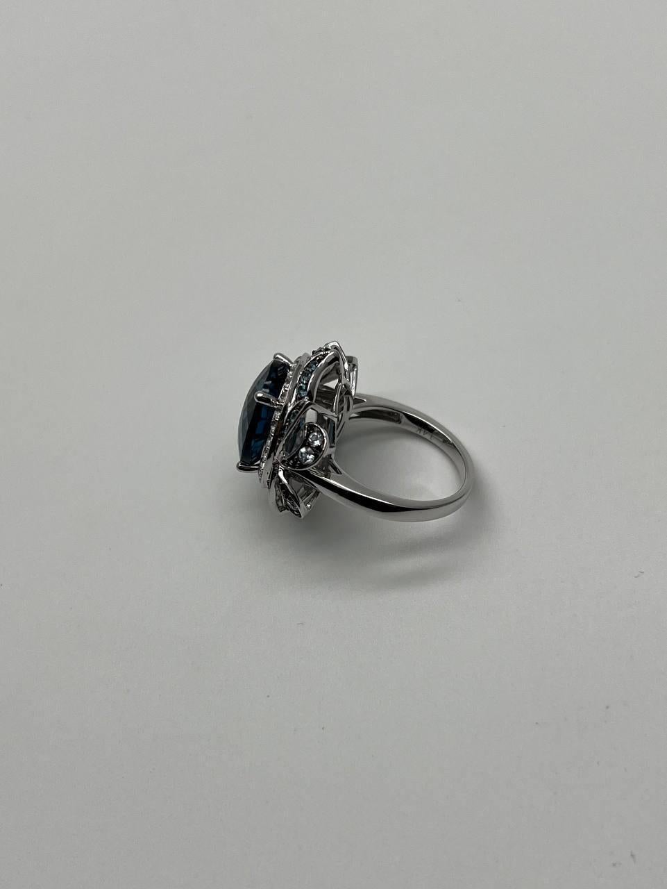 Large Oval London Blue Topaz Diamond Pave Halo 14K White Gold Ring For Sale 7