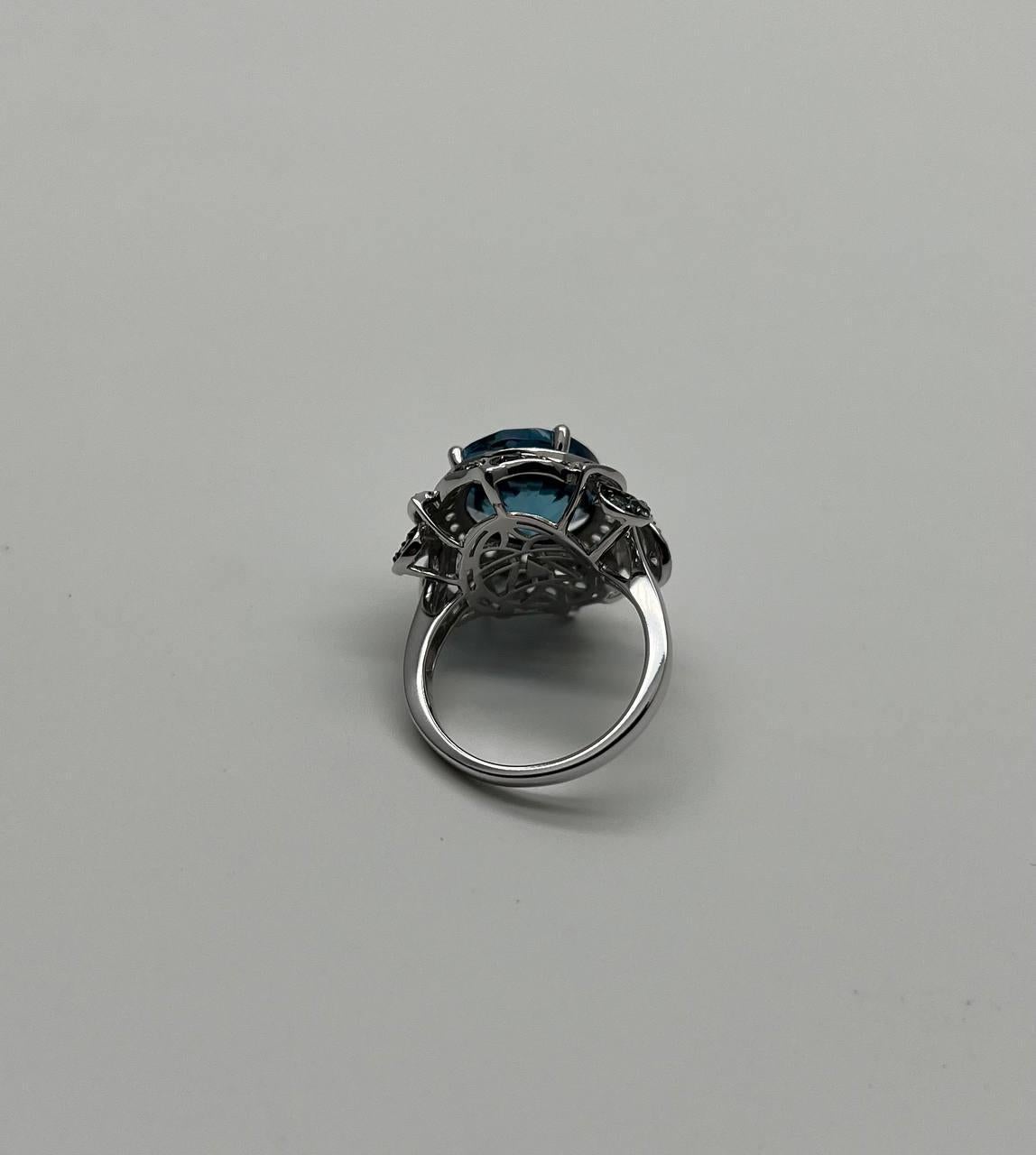 Large Oval London Blue Topaz Diamond Pave Halo 14K White Gold Ring For Sale 8