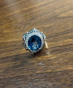 Large Oval London Blue Topaz Diamond Pave Halo 14K White Gold Ring