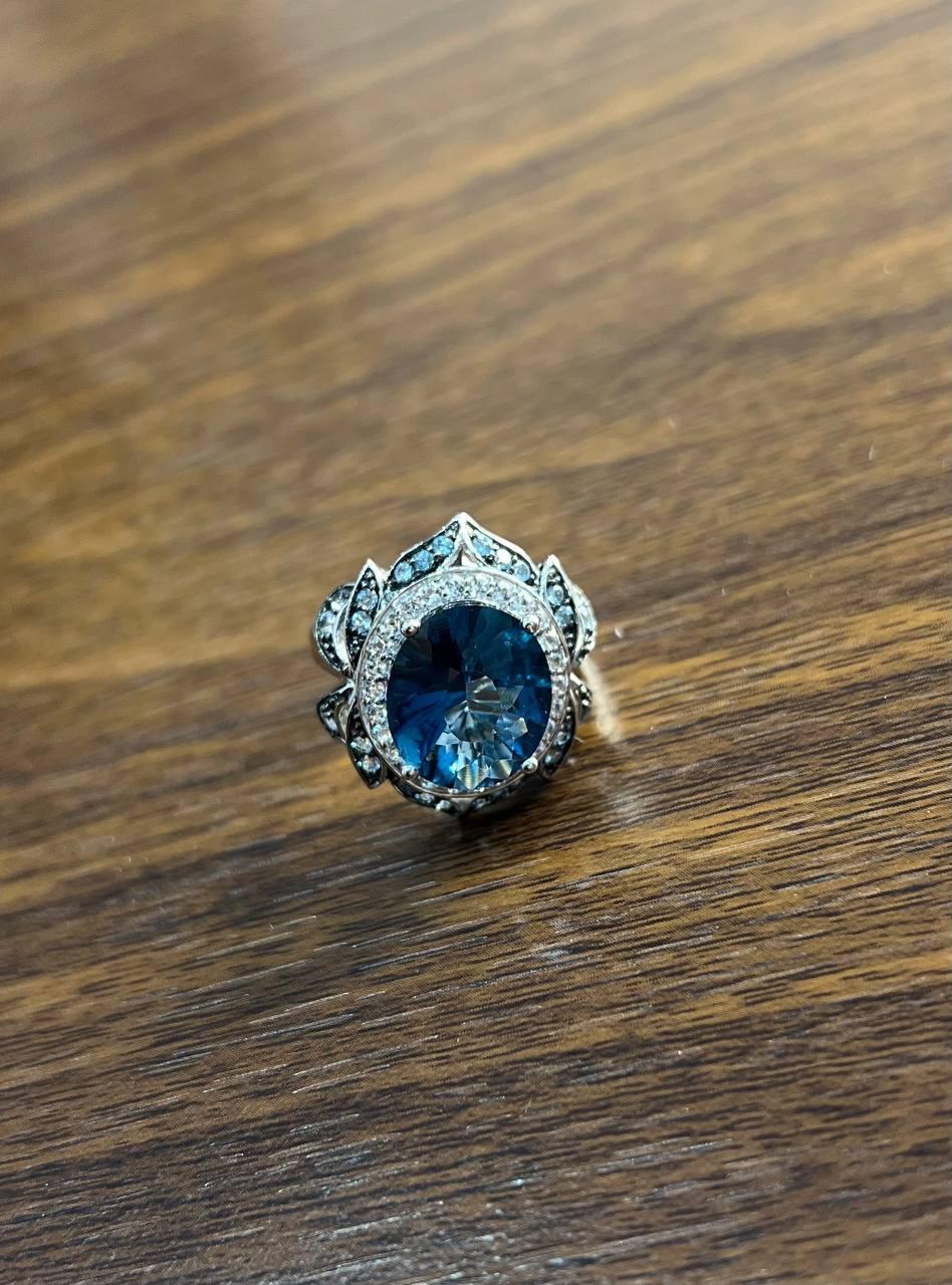 Oval Cut Large Oval London Blue Topaz Diamond Pave Halo 14K White Gold Ring For Sale