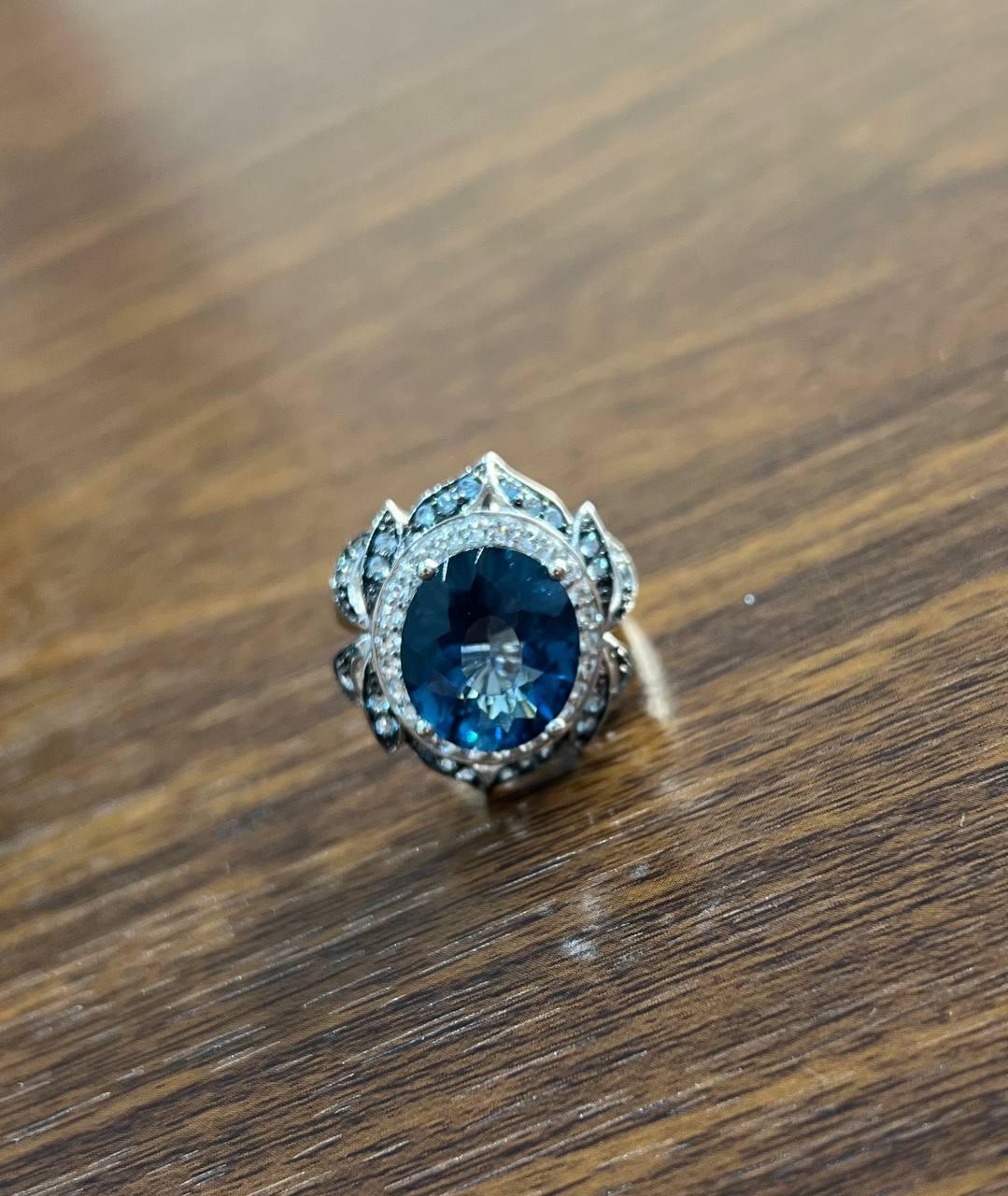 Large Oval London Blue Topaz Diamond Pave Halo 14K White Gold Ring In New Condition For Sale In Oakton, VA