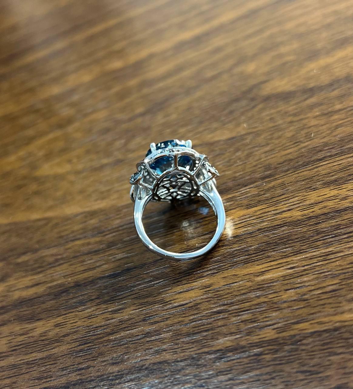 Women's Large Oval London Blue Topaz Diamond Pave Halo 14K White Gold Ring For Sale