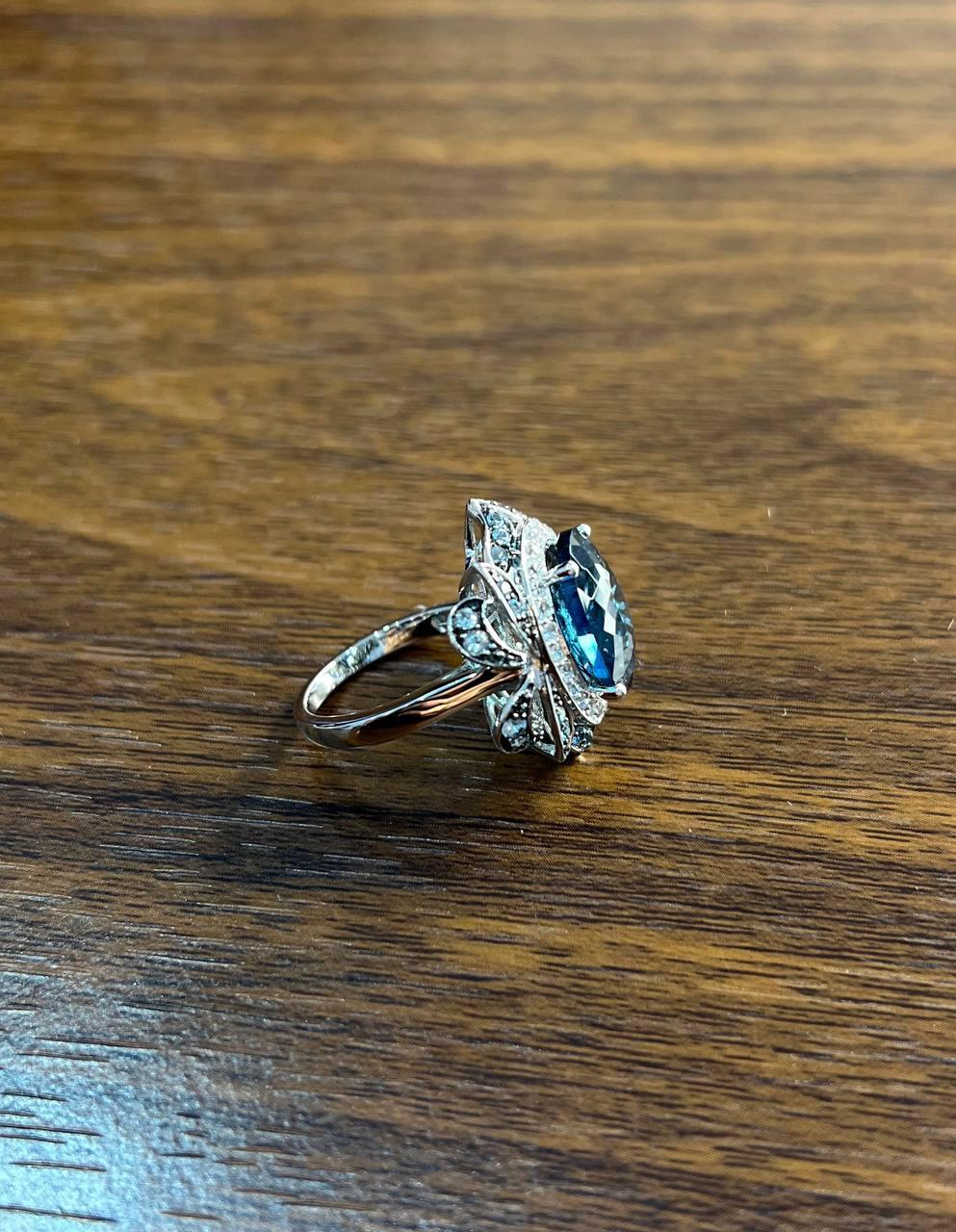 Large Oval London Blue Topaz Diamond Pave Halo 14K White Gold Ring For Sale 1