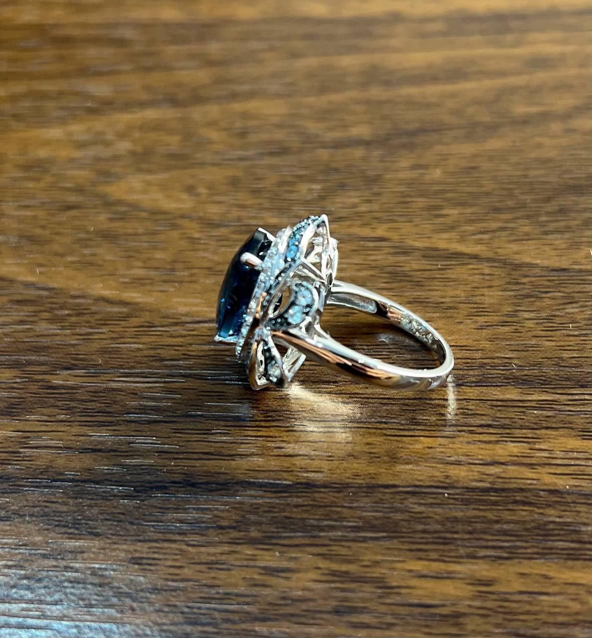 Large Oval London Blue Topaz Diamond Pave Halo 14K White Gold Ring For Sale 2