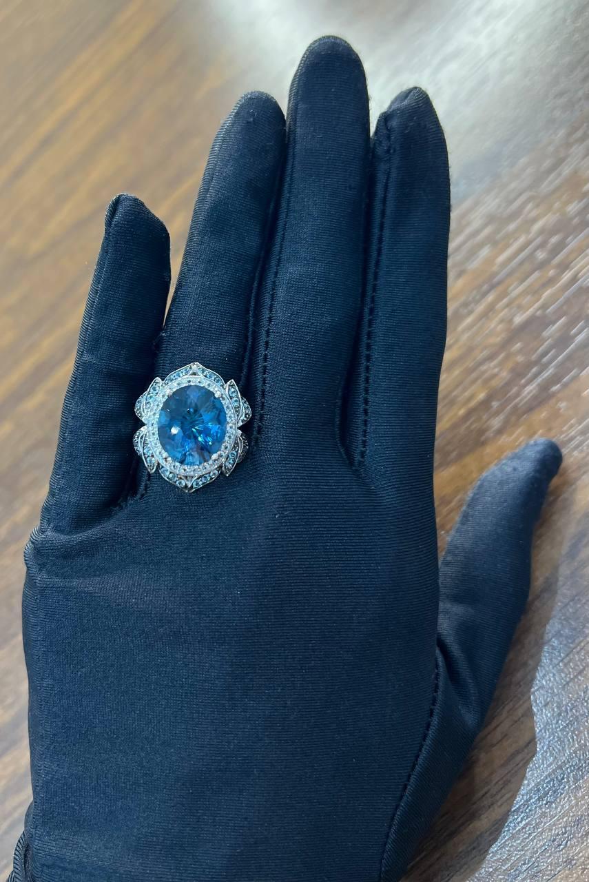 Large Oval London Blue Topaz Diamond Pave Halo 14K White Gold Ring For Sale 4