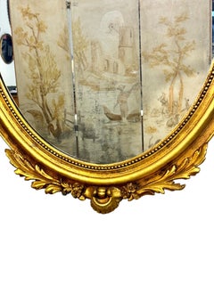 Large Oval Louis XVI Style Giltwood Mirror, 19th Century