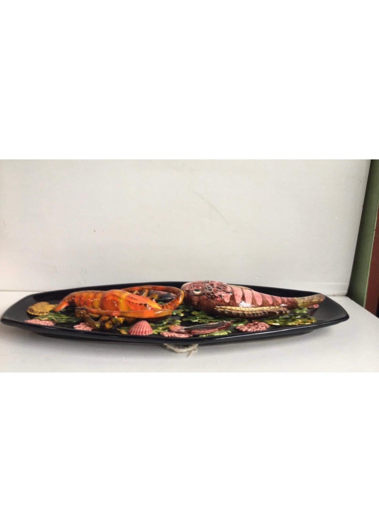 Mid-Century Modern Large Oval Majolica Palissy Fish and Lobster Platter Vallauris, circa 1950 For Sale