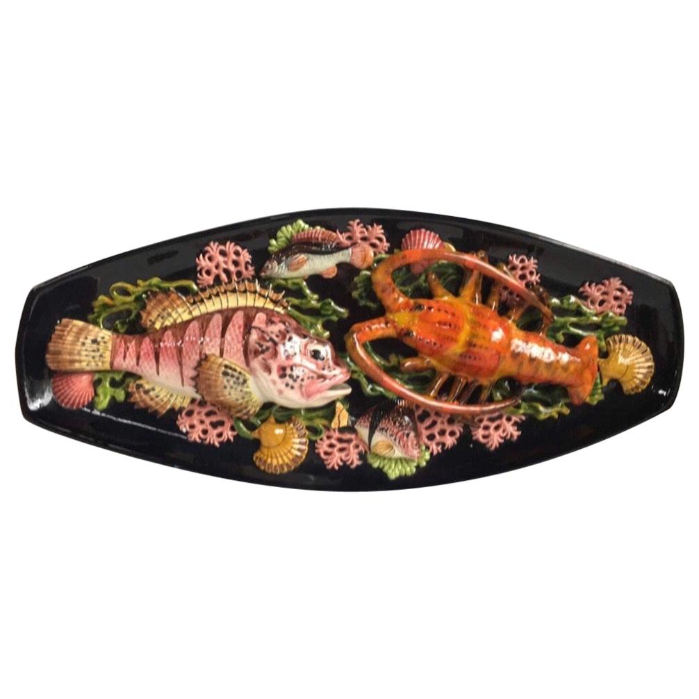 Large Oval Majolica Palissy Fish and Lobster Platter Vallauris, circa 1950