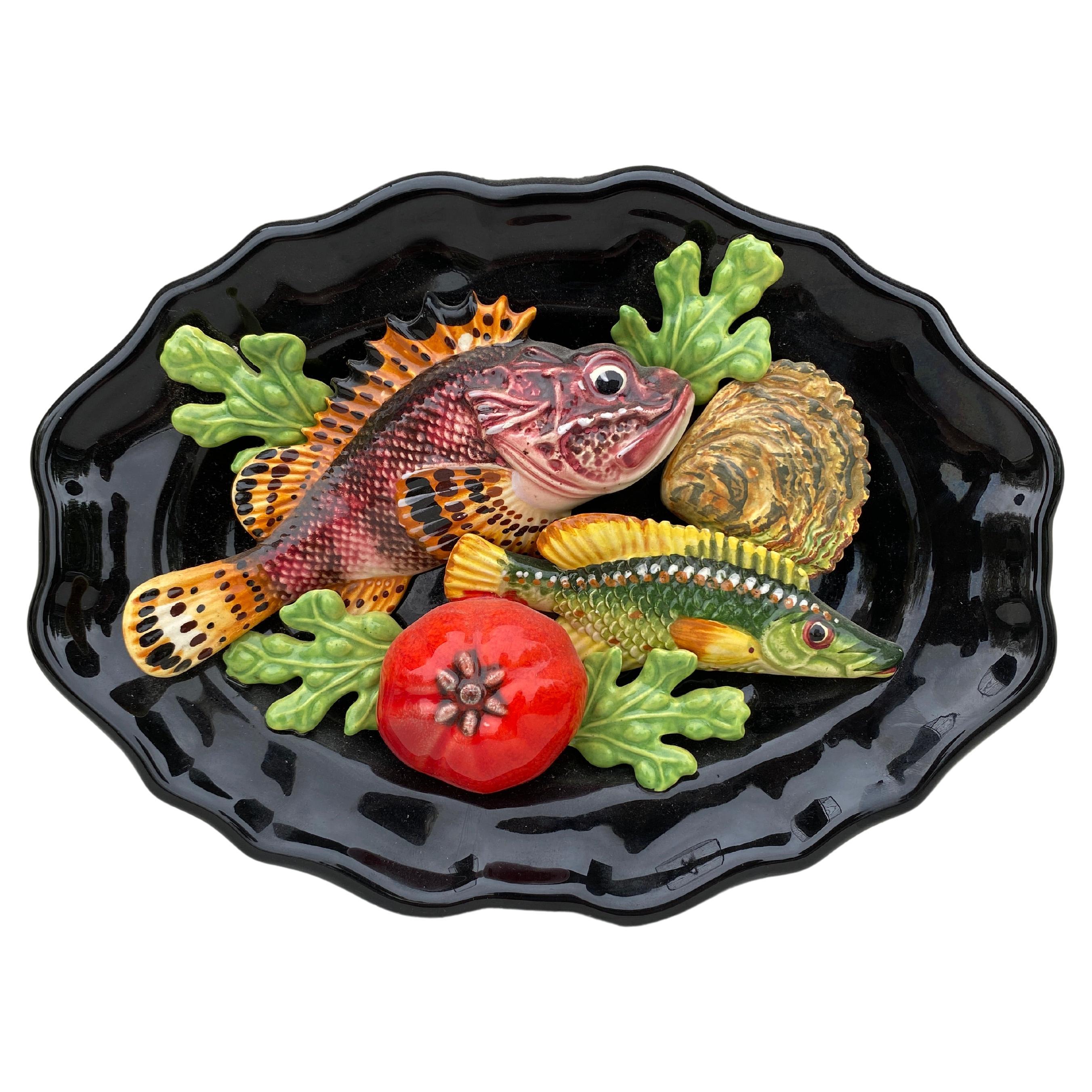 Large Oval Majolica Palissy Fish Platter Vallauris, circa 1950 For Sale