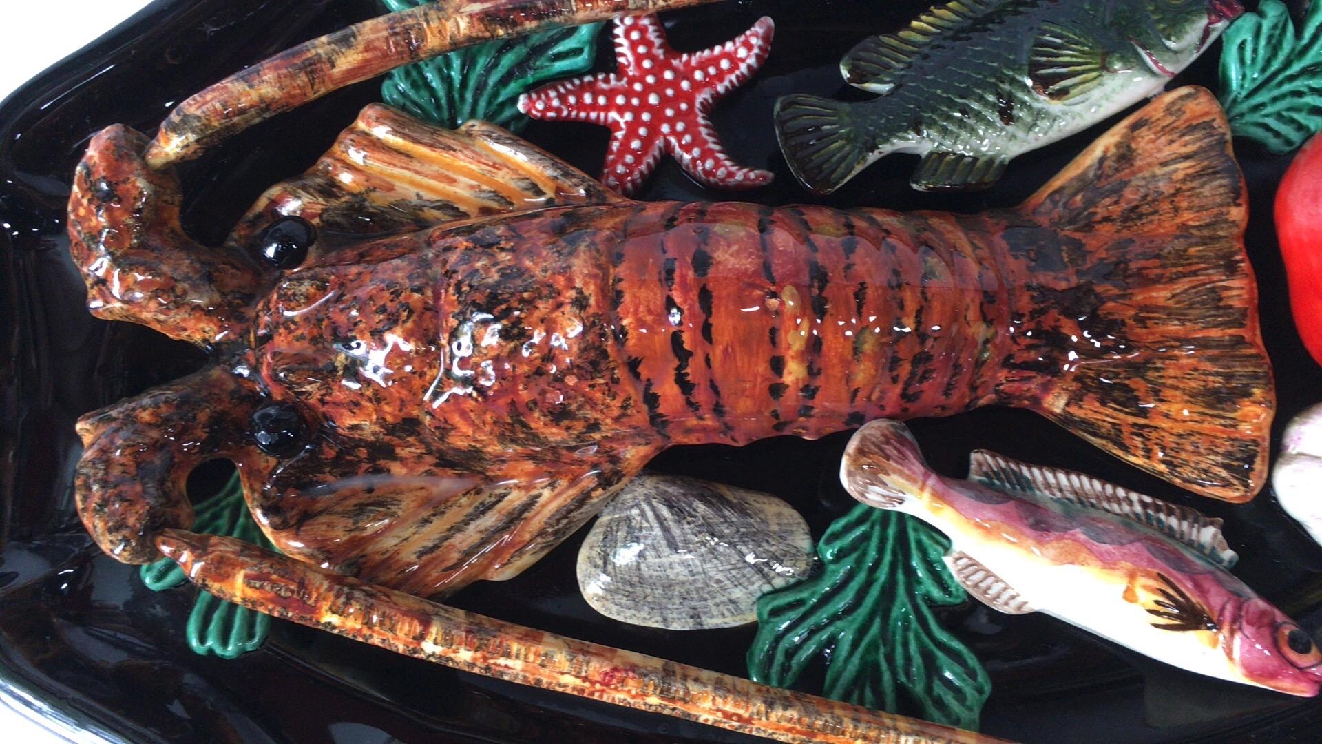 Mid-Century Modern Large Oval Majolica Palissy Lobster and Fish Wall Platter Vallauris, circa 1950