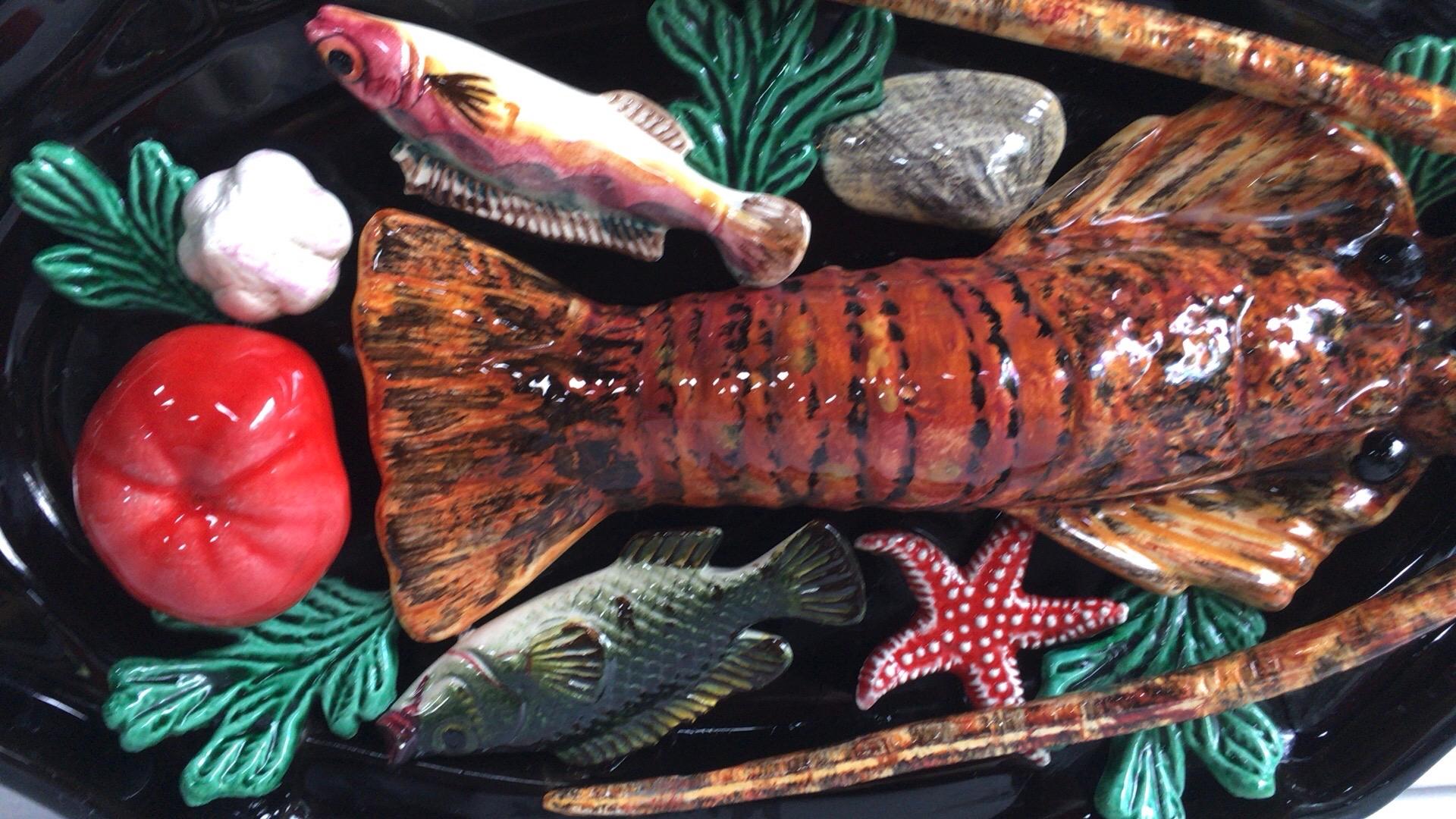 French Large Oval Majolica Palissy Lobster and Fish Wall Platter Vallauris, circa 1950