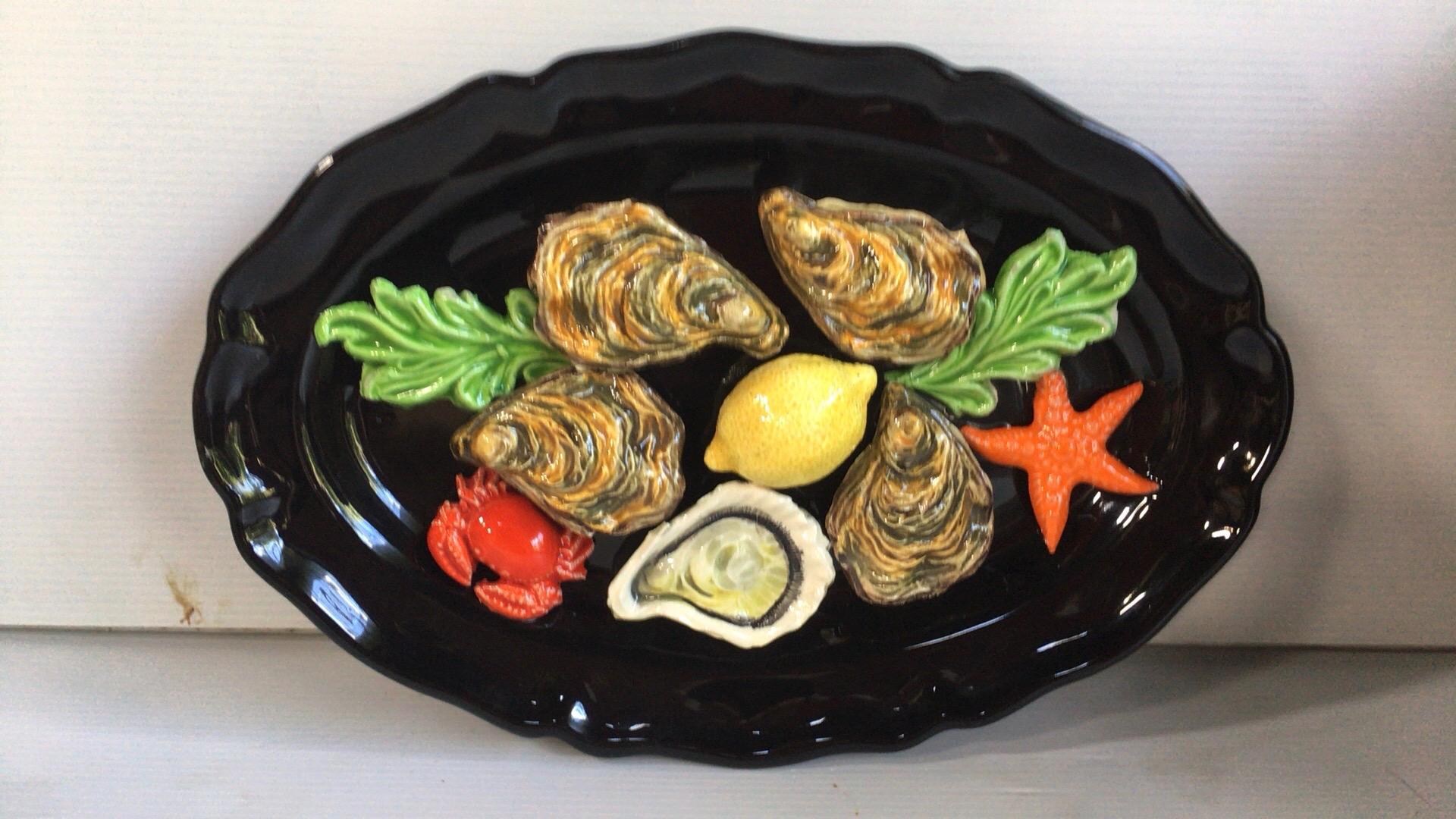 Large Oval Majolica Palissy Lobster and Fish Wall Platter Vallauris, circa 1950 1