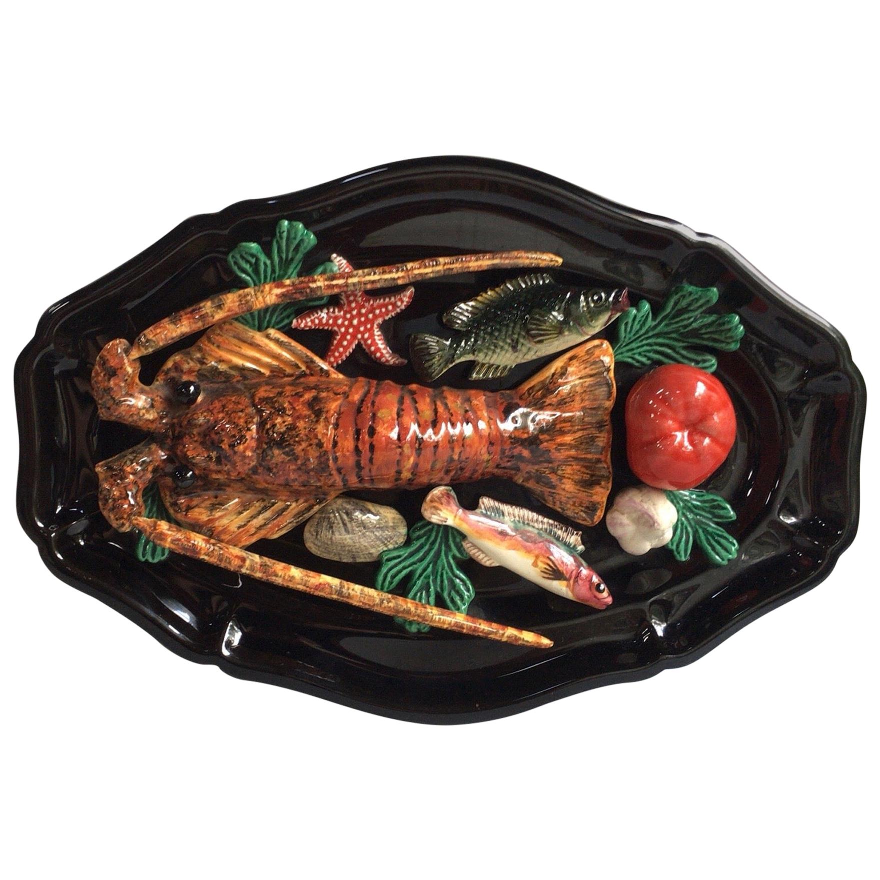 Large Oval Majolica Palissy Lobster and Fish Wall Platter Vallauris, circa 1950