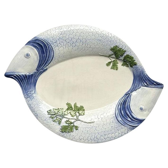Large Oval Mediterranean Ceramic Fish Serving Platter in Blue and Green - Italy  For Sale