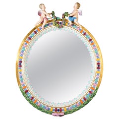 Large Oval Meissen Wall Mirror Crownd With Winged Cupids, Leuteritz, Ca. 1860
