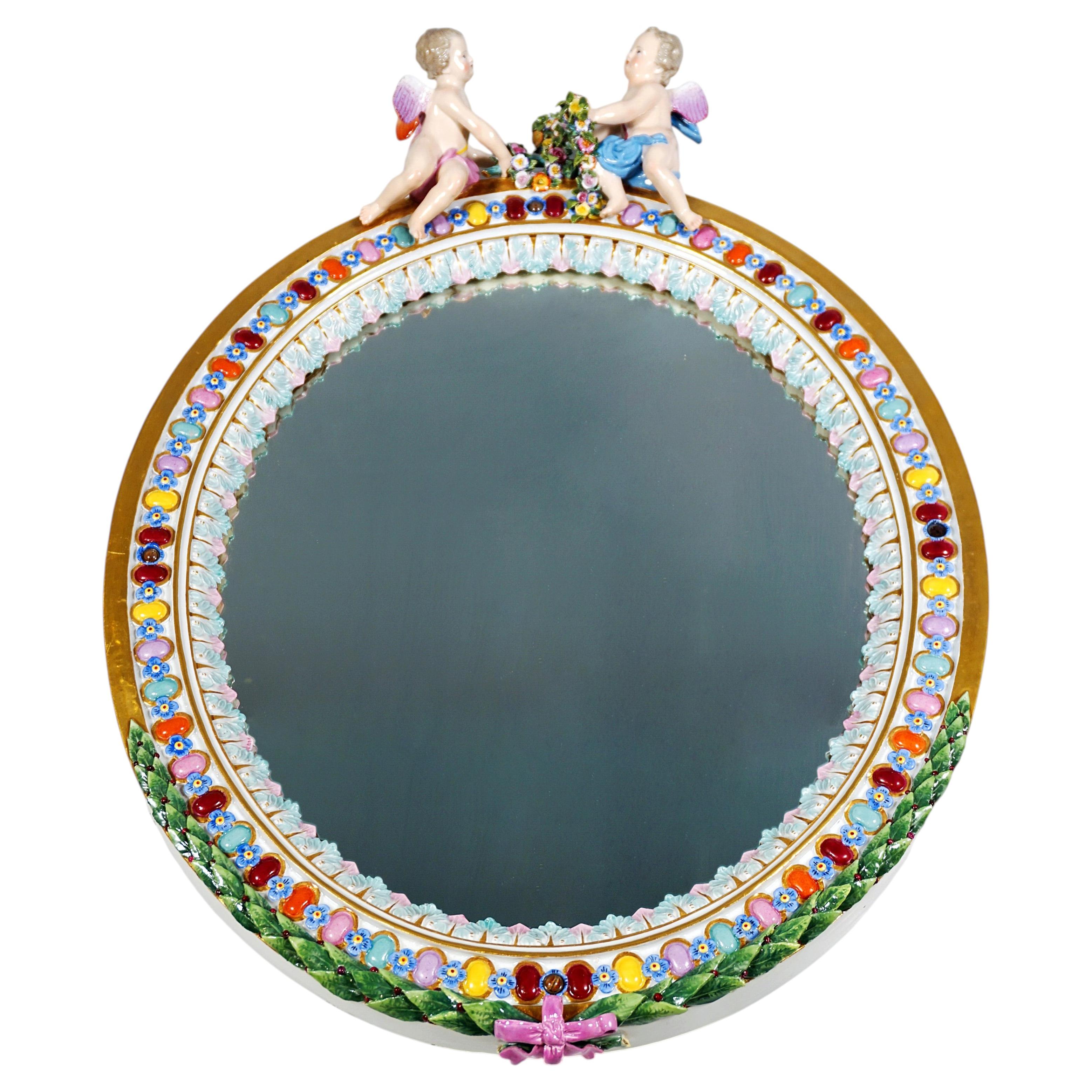 Large Oval Meissen Wall Mirror Crowned With Winged Cupids, Leuteritz, Ca.1860 B For Sale