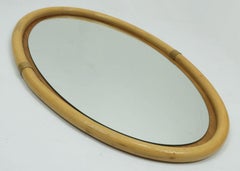 large oval mid century WALL MIRROR bamboo and leather frame 1950s 1960s mirror
