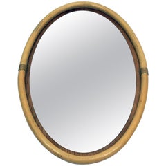 large oval mid century WALL MIRROR bamboo and leather frame 1950s 1960s mirror