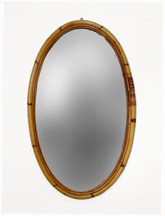 Large Oval Mirror with Bamboo and Wicker Structure, Rattan, 1970s, Italy