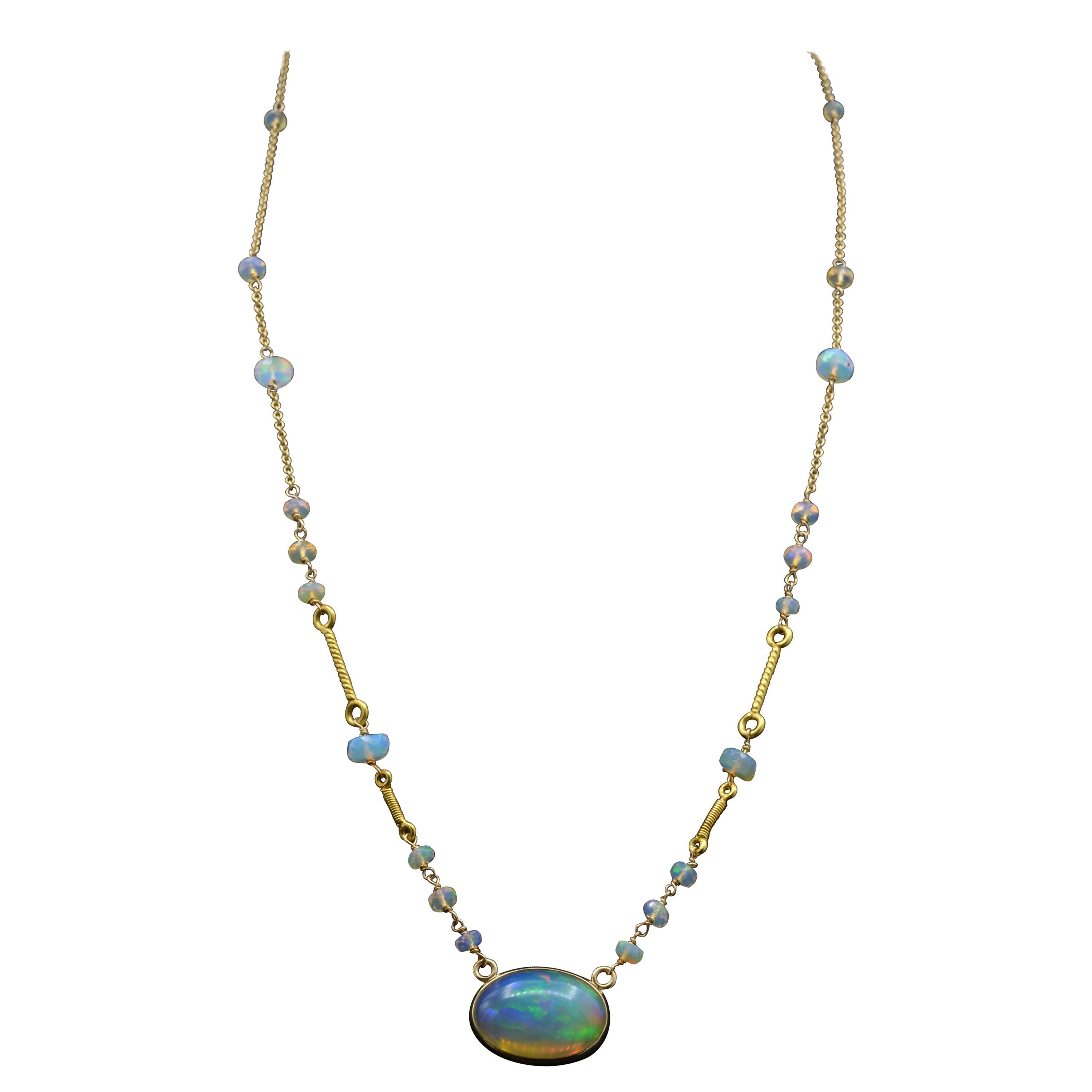 Large Oval Opal Necklace with Opal Beads in 14 Karat Gold