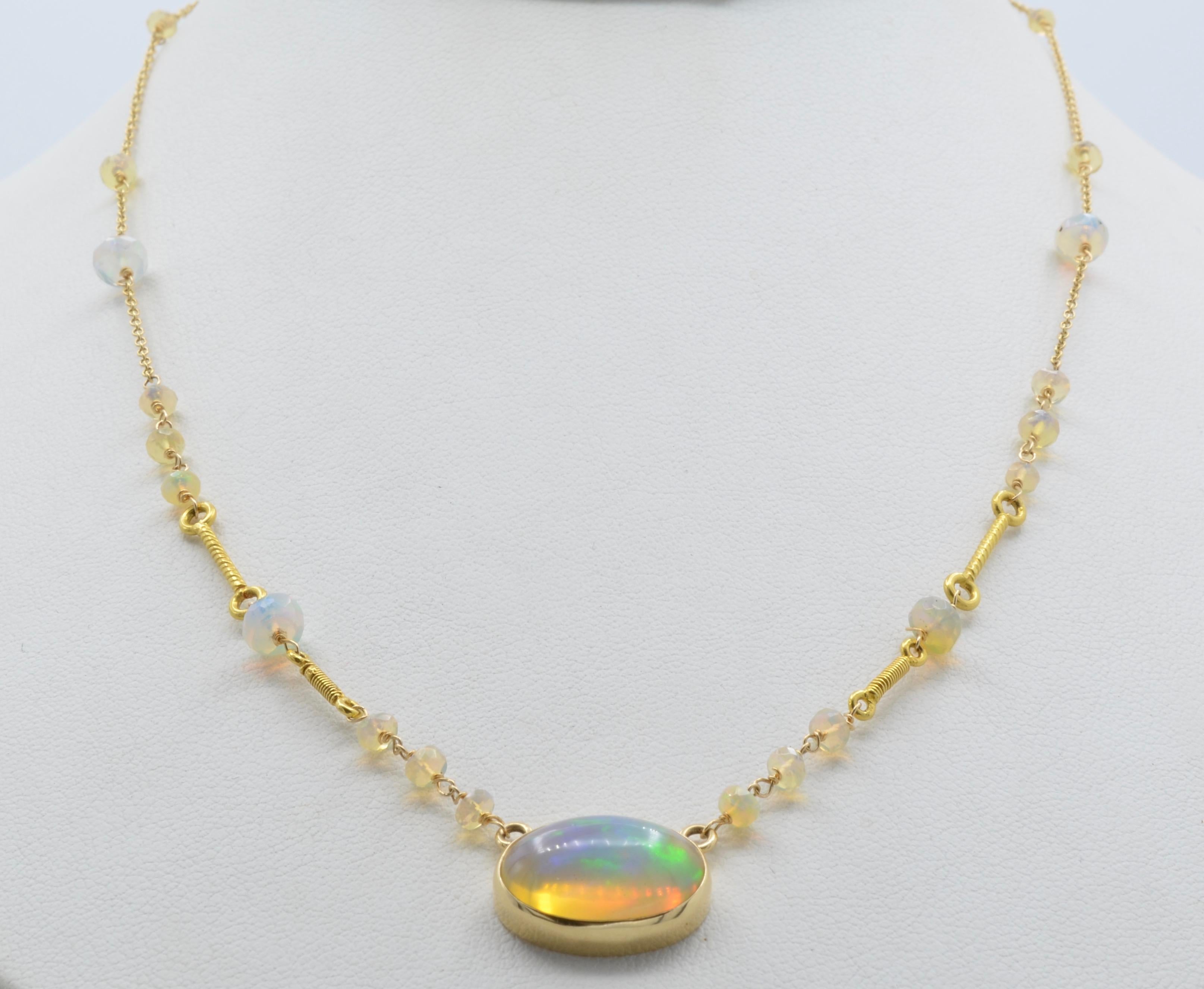 Large Oval Opal Necklace with Opal Beads in 14 Karat Gold In New Condition In Berkeley, CA