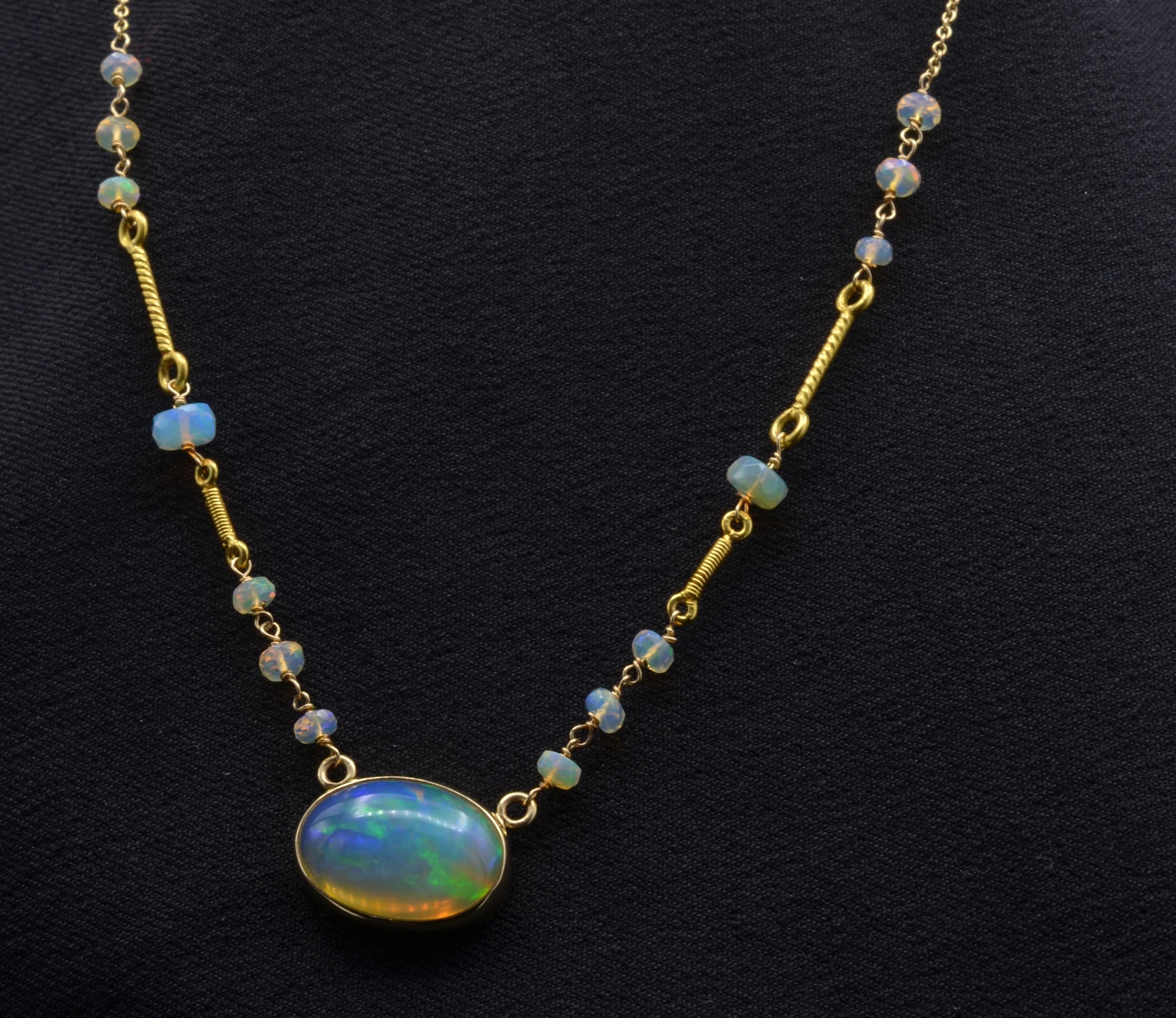 Large Oval Opal Necklace with Opal Beads in 14 Karat Gold 2