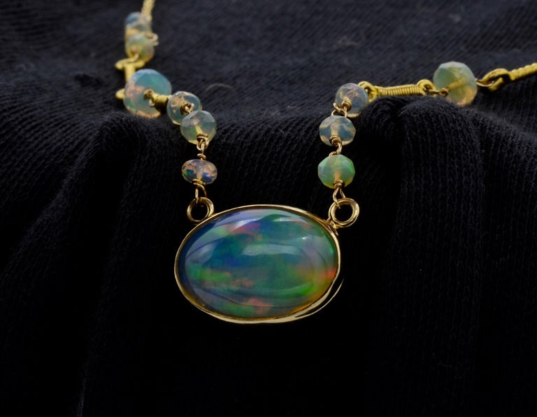 Large Oval Opal Necklace with Opal Beads in 14 Karat Gold For Sale at