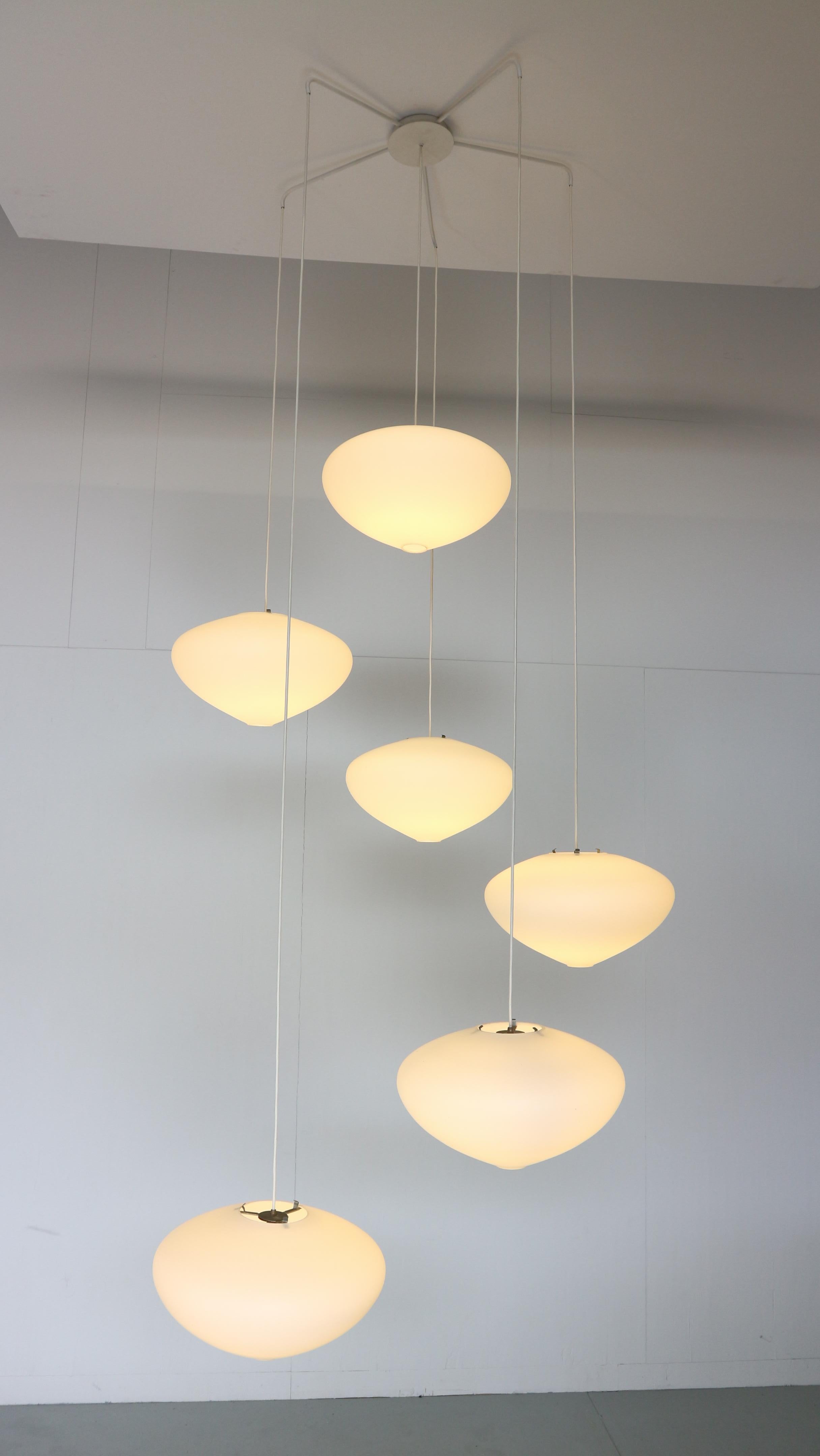 Large Oval Opaline Glass Chandelier Pendant, Netherlands, 1950s In Good Condition In The Hague, NL