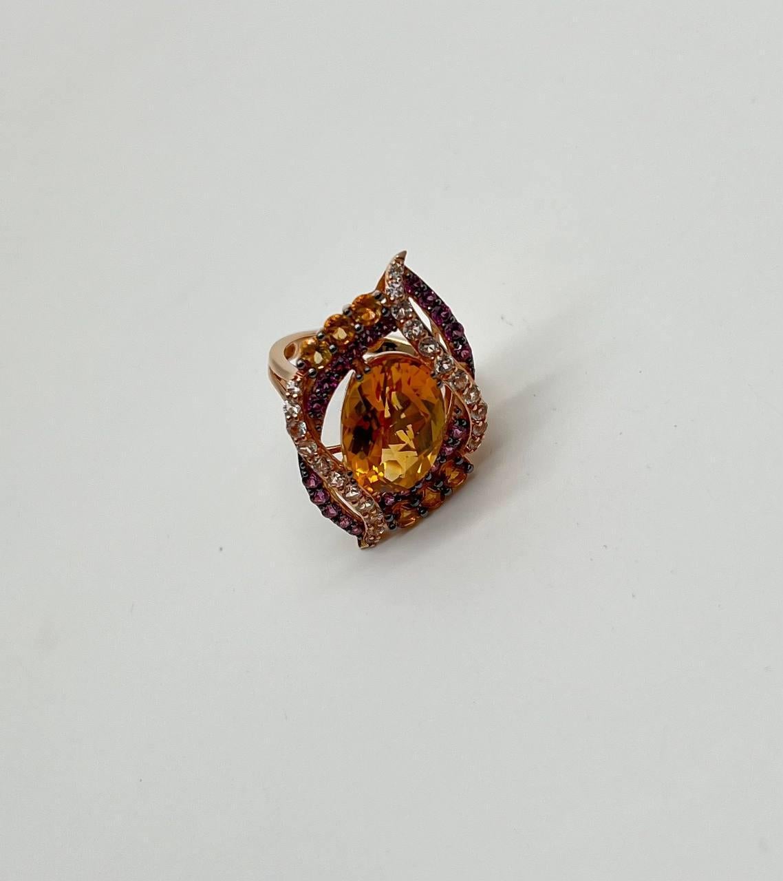 Large Oval Orange Citrine with Amethysts, Citrines, Diamonds 14K Rose Gold Ring For Sale 5