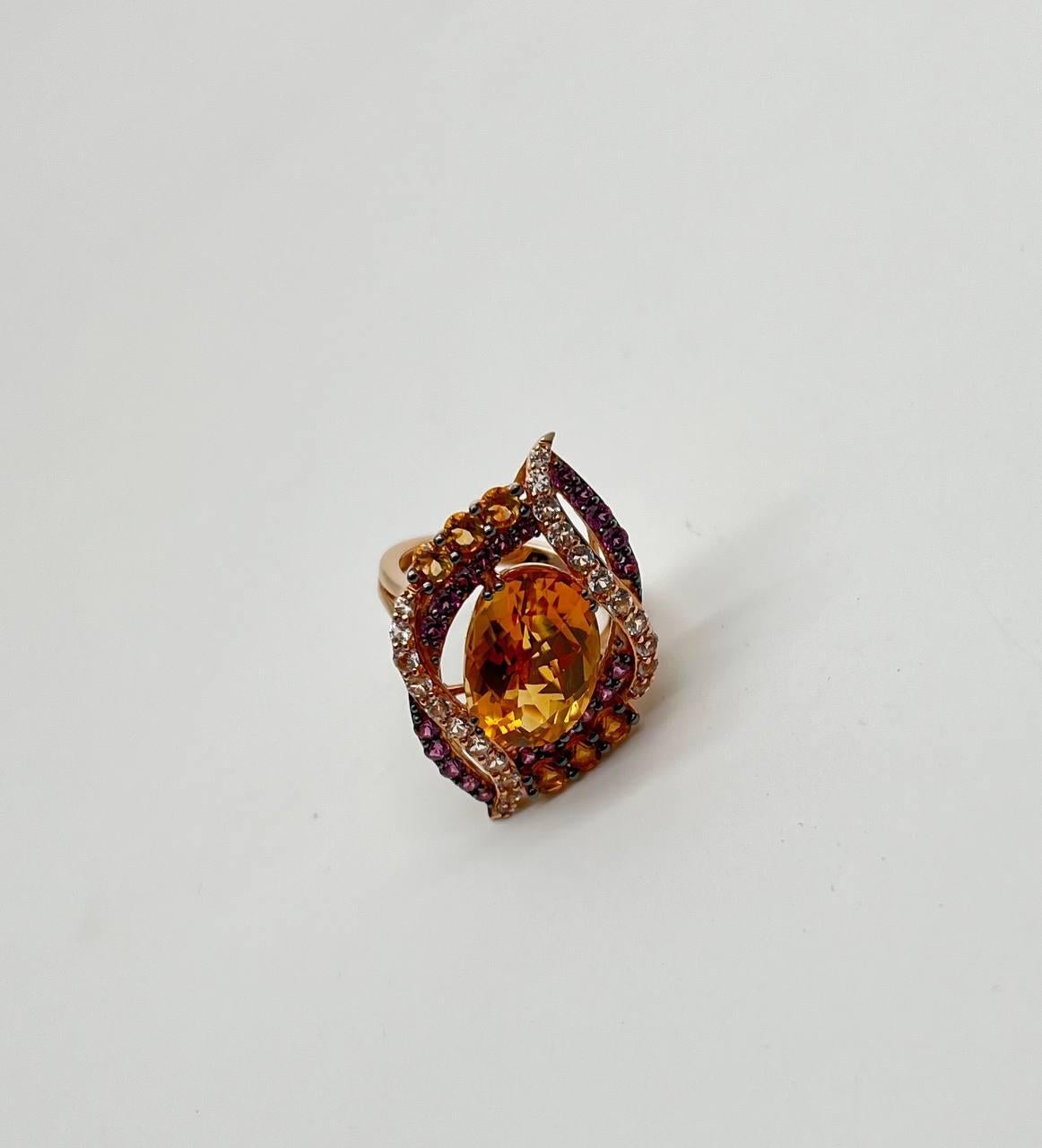 Large Oval Orange Citrine with Amethysts, Citrines, Diamonds 14K Rose Gold Ring For Sale 8